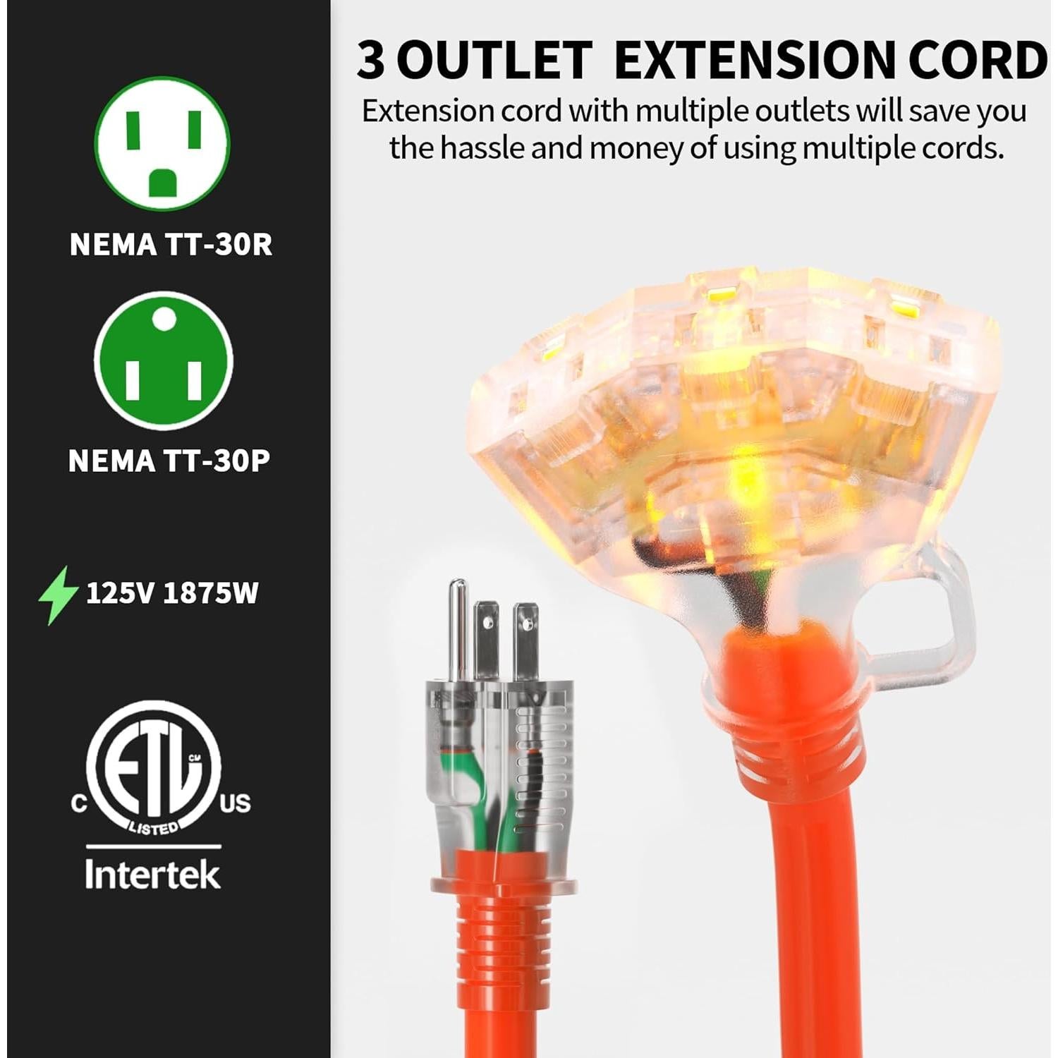 Cable de Extensión 12/3 POWGRN 1 Pie Naranja 3 Salidas