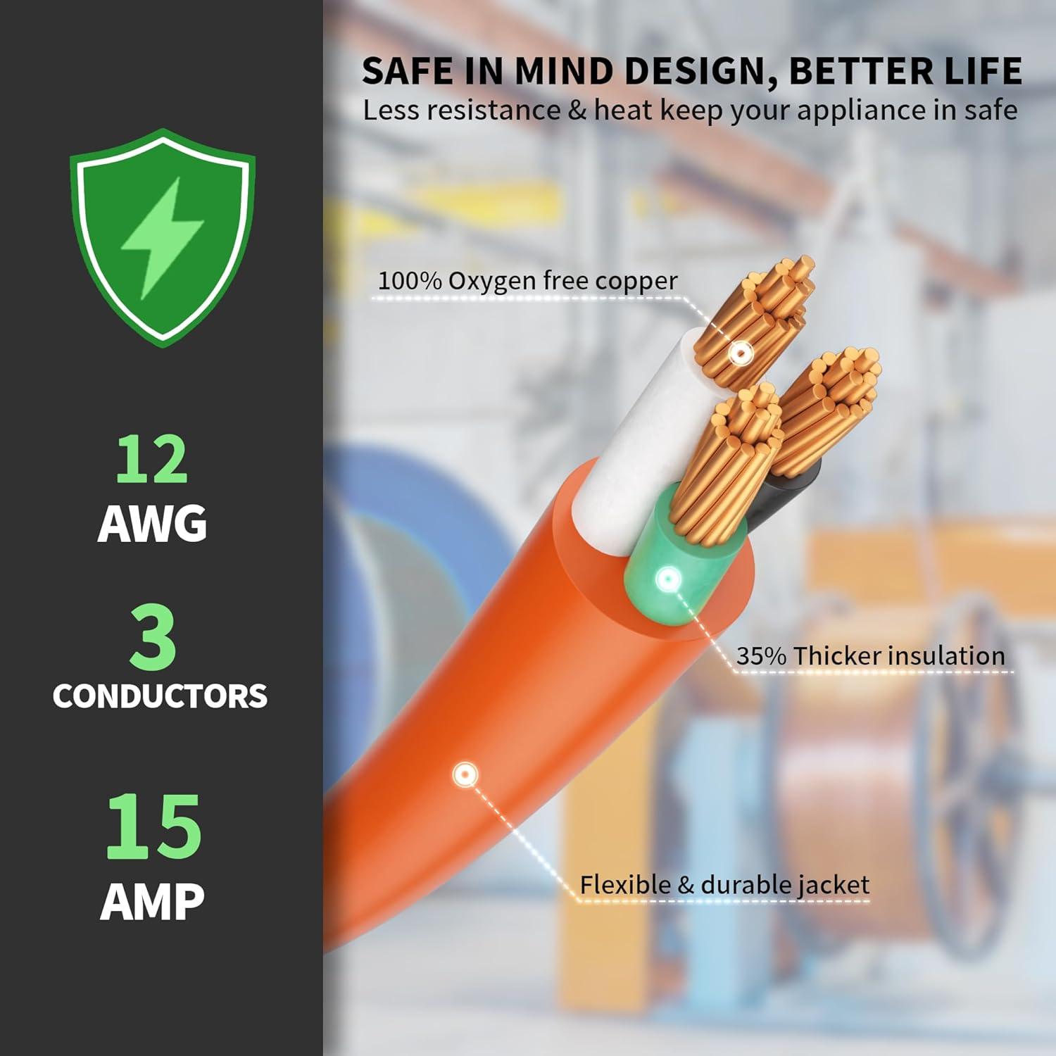 Cable de Extensión 12/3 POWGRN 1 Pie Naranja 3 Salidas