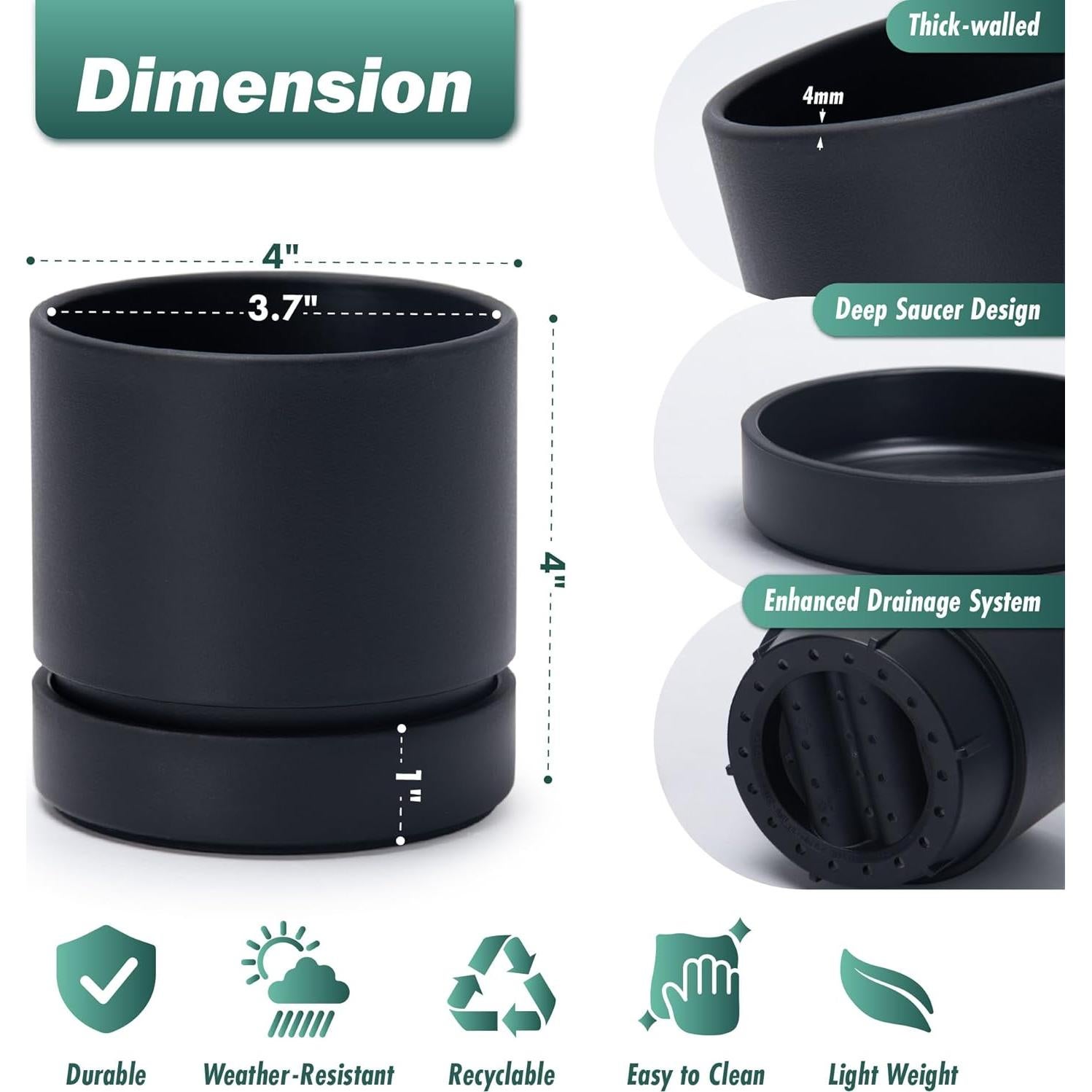 Maceta Phoenix Vine 10 cm con Plato y Drenaje Negro Mate