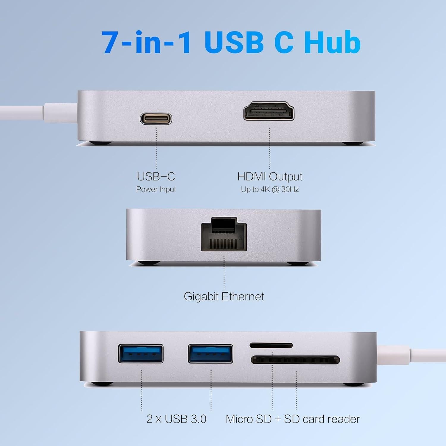 Hub USB C 7 en 1 MINIX con HDMI 4K, Ethernet y 2 USB 3.0