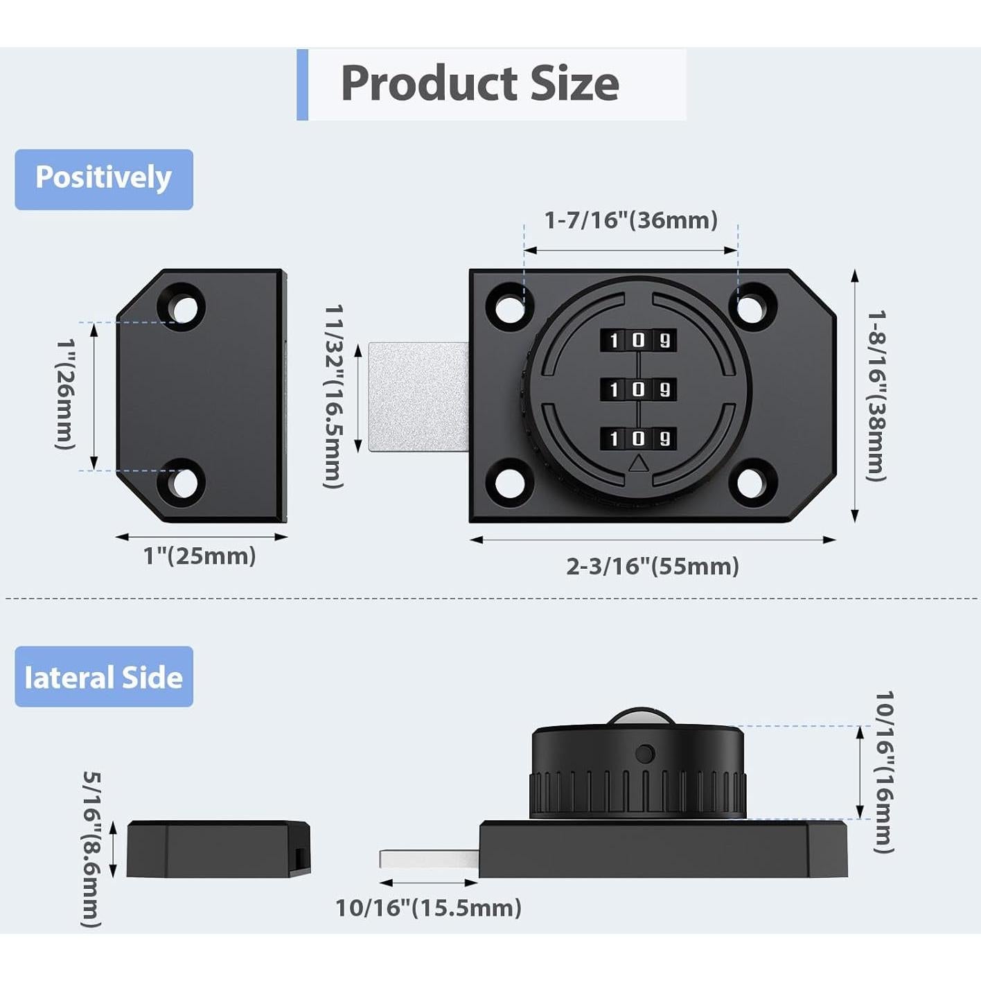 Cerradura de gabinete YogePote combinación 3 dígitos negra