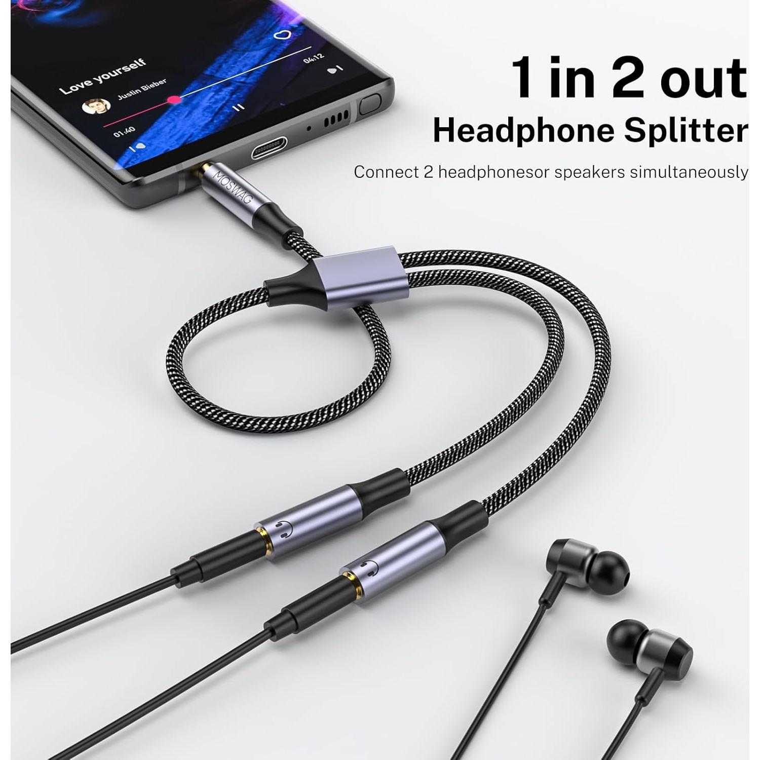 Divisor de Auriculares 3.5mm MOSWAG - Doble Jack Estéreo Negro