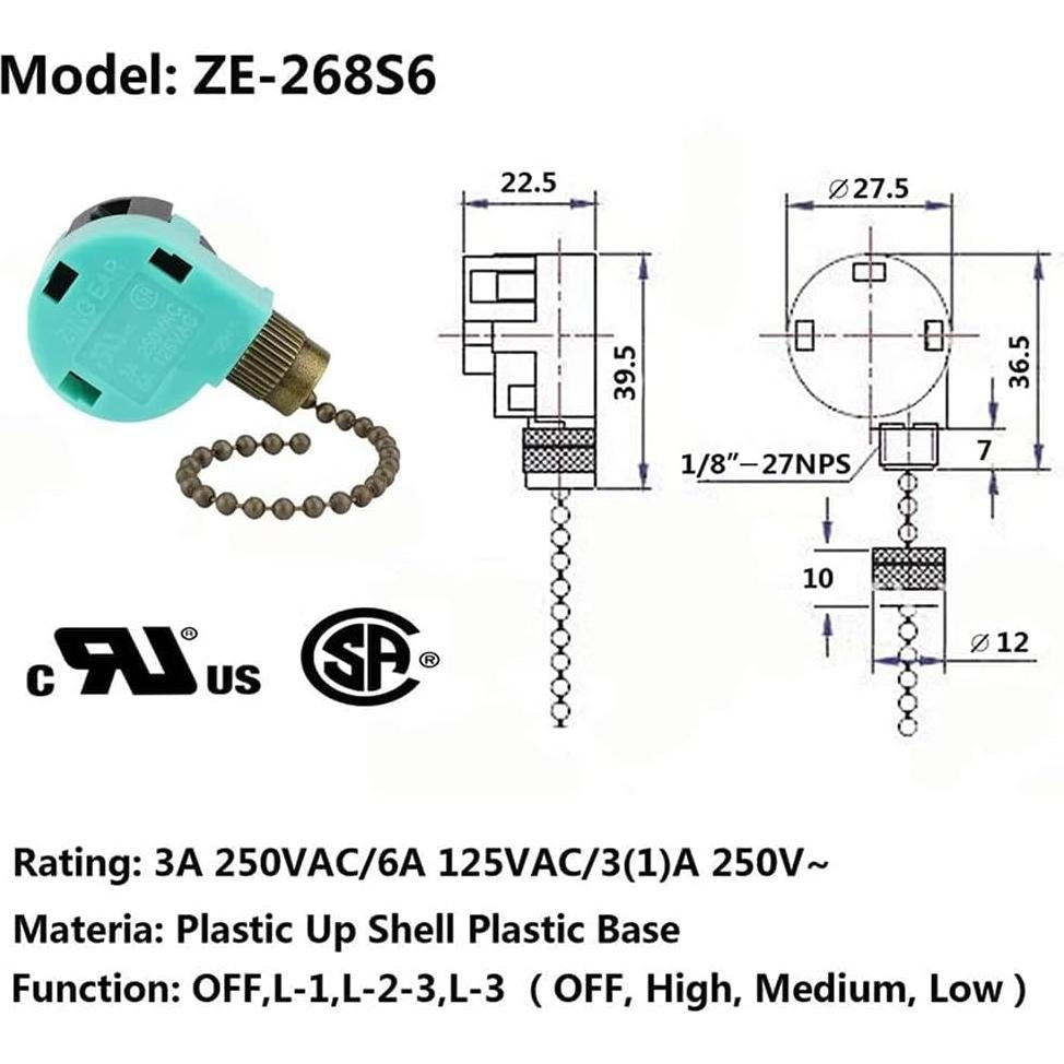 Interruptor de Ventilador de Techo Aoprofree ZE-268S6 3 Velocidades Bronce