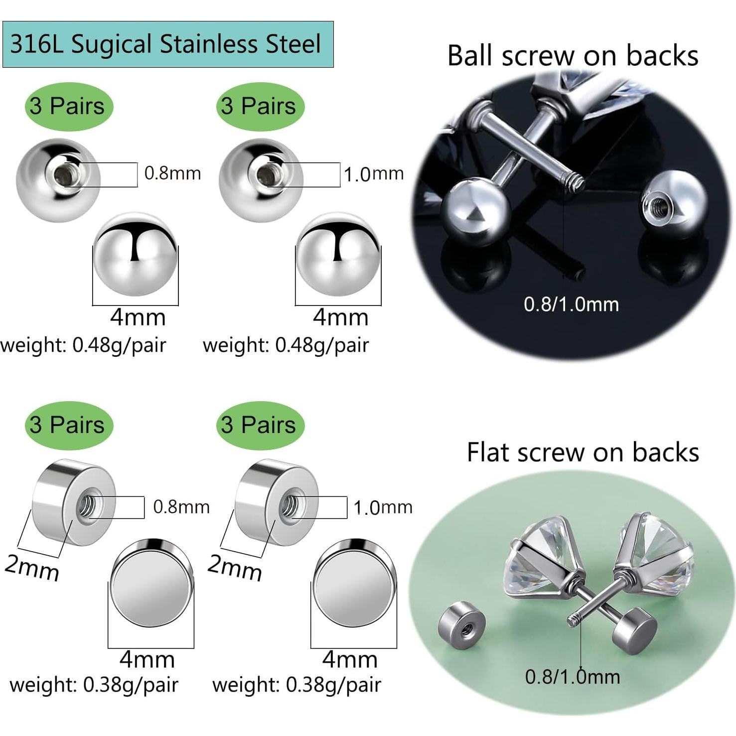 Respaldos de Aretes de Tornillo VOLUKA - Acero Inoxidable 12 Pzas