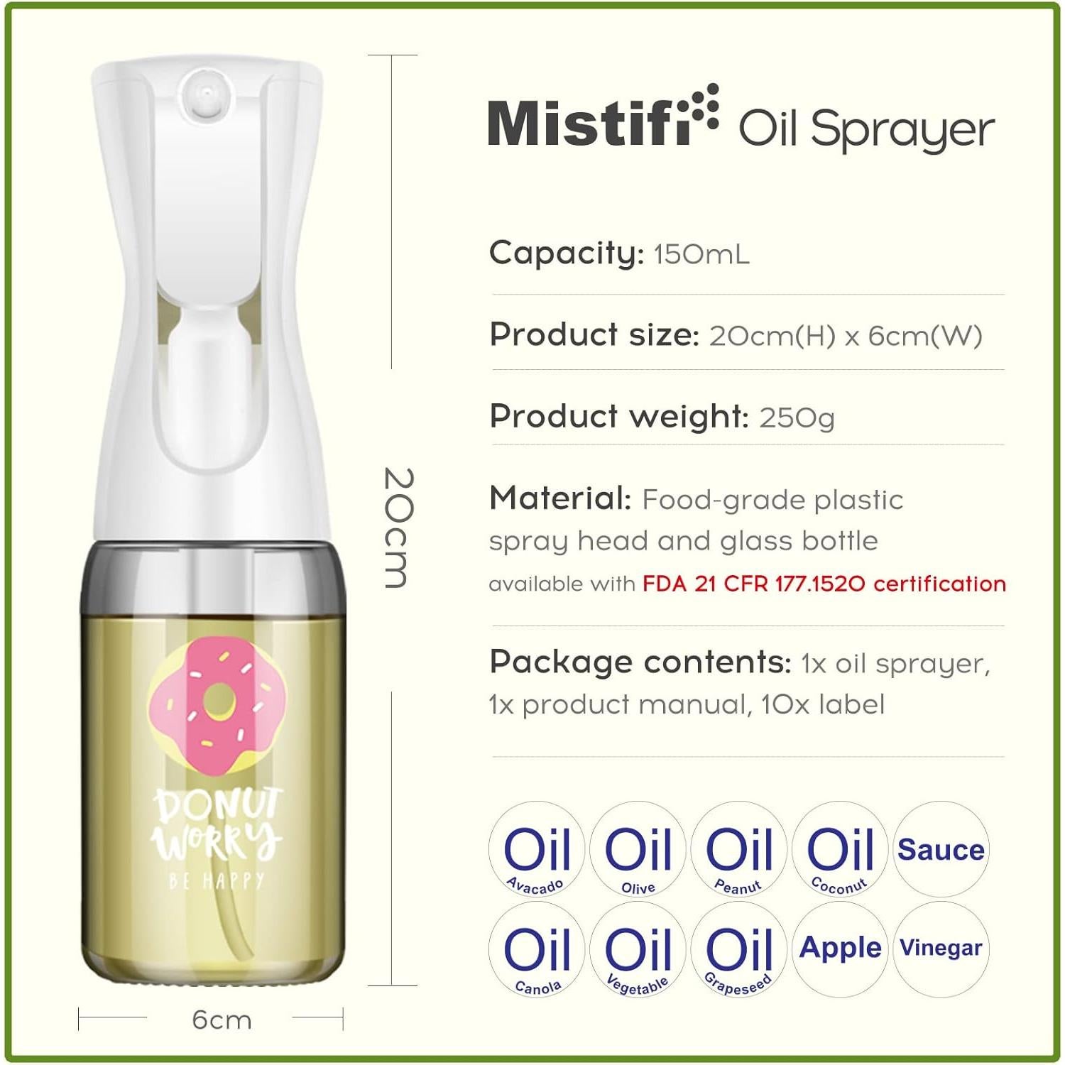 Pulverizador de Aceite Mistifi 150ml Vidrio Recargable