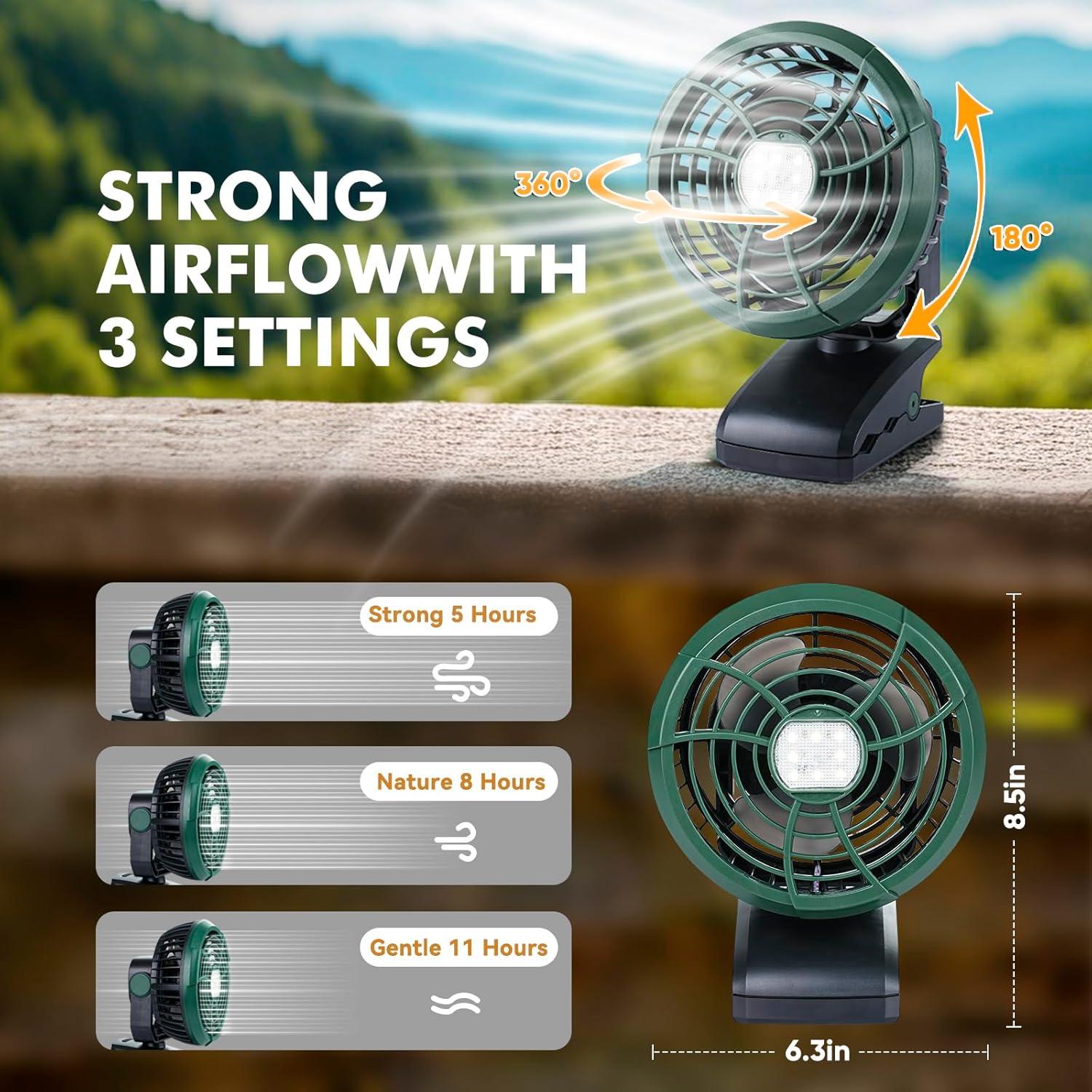 Ventilador de Camping Clip-on Durapower AM17-24KT37 con Linterna LED