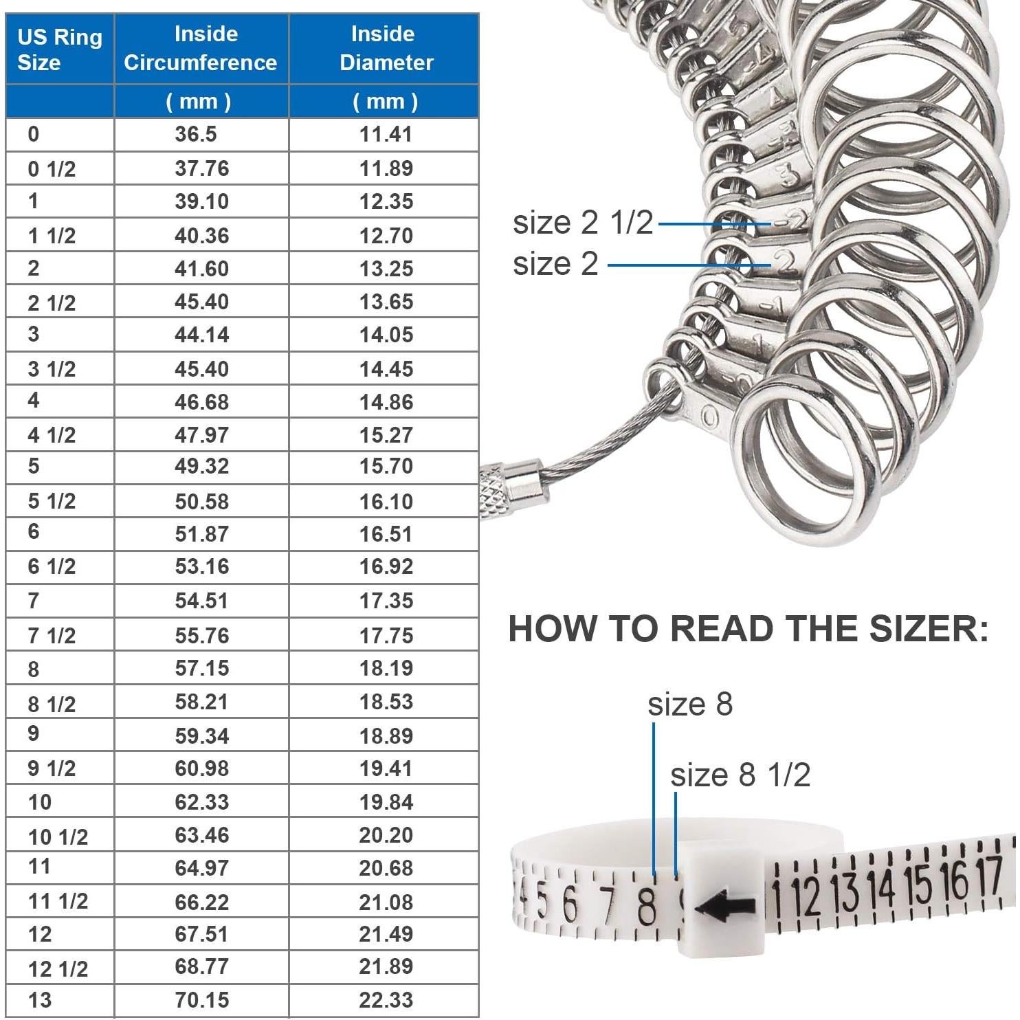 Medidor de Anillos de Acero Inoxidable 0-13 con Cinturón