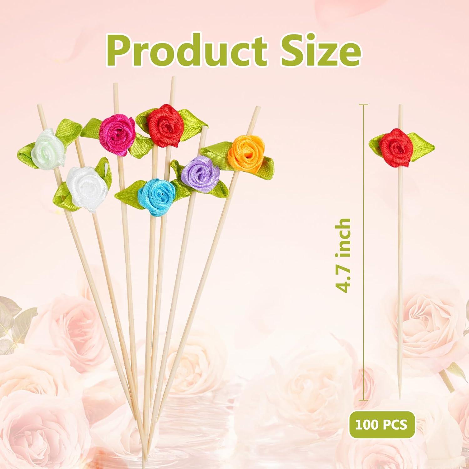 Palillos de Cóctel de Bambú con Rosa - 100 Unidades Decorativas