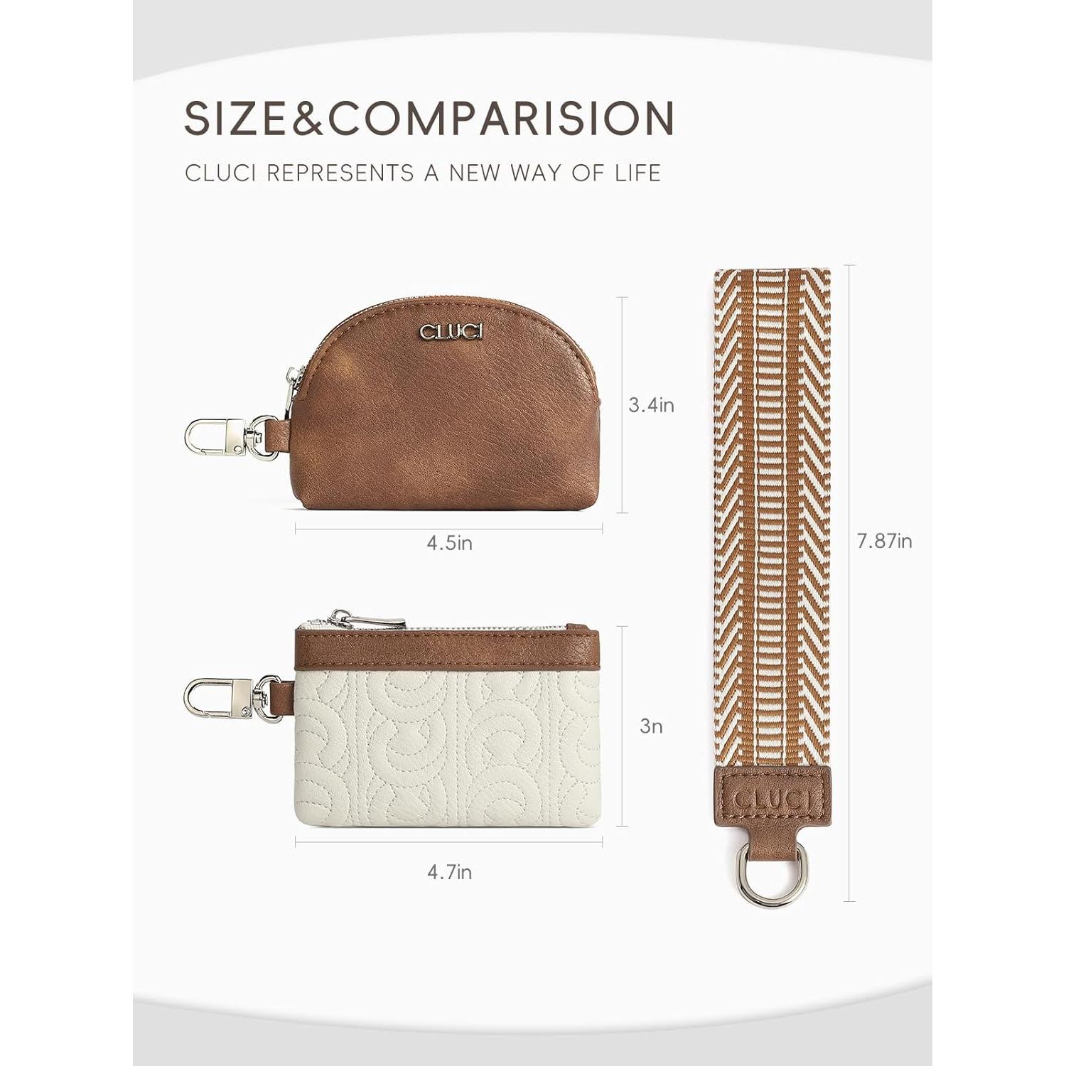 CLUCI Keychain Wallet for Women PU Leather Wristlet Wallet Coin Purse Detachable Dual Pouch Zipper Pocket Beige With Brown