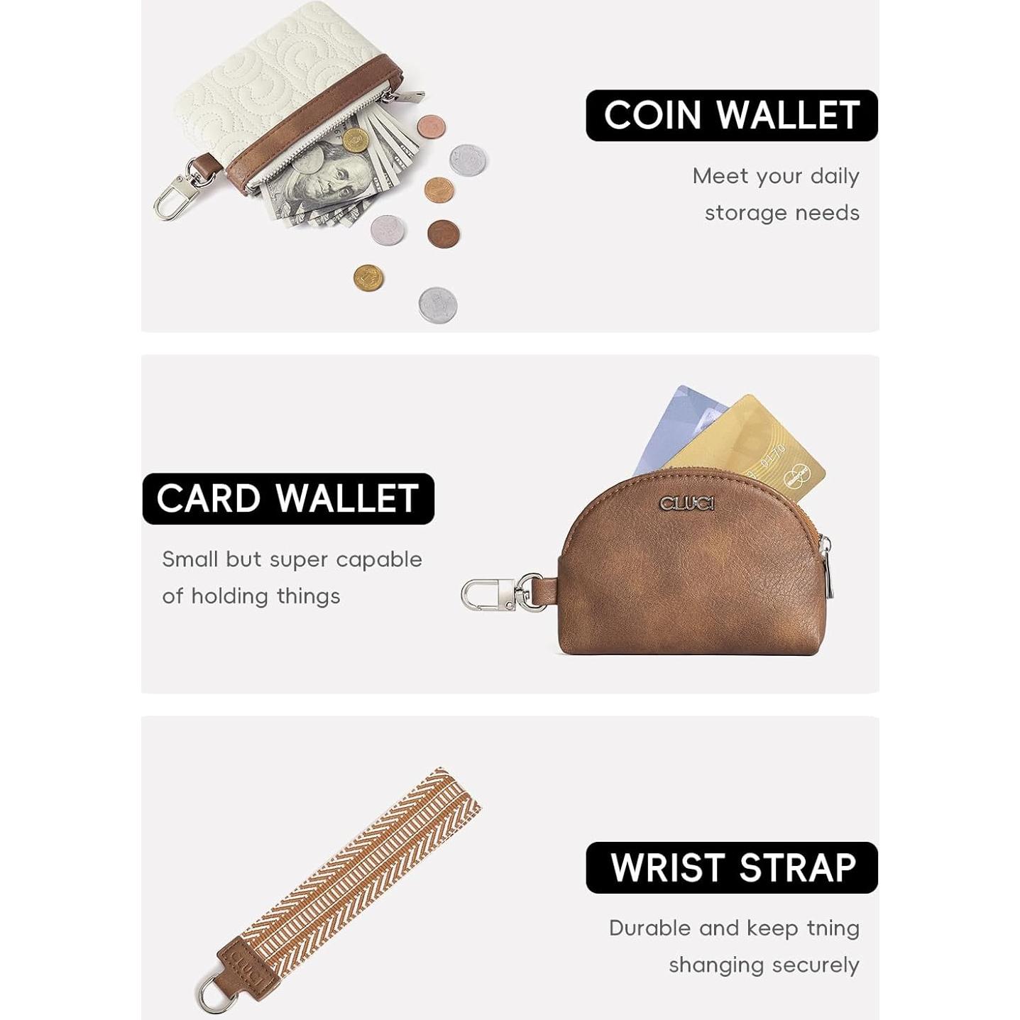 CLUCI Keychain Wallet for Women PU Leather Wristlet Wallet Coin Purse Detachable Dual Pouch Zipper Pocket Beige With Brown