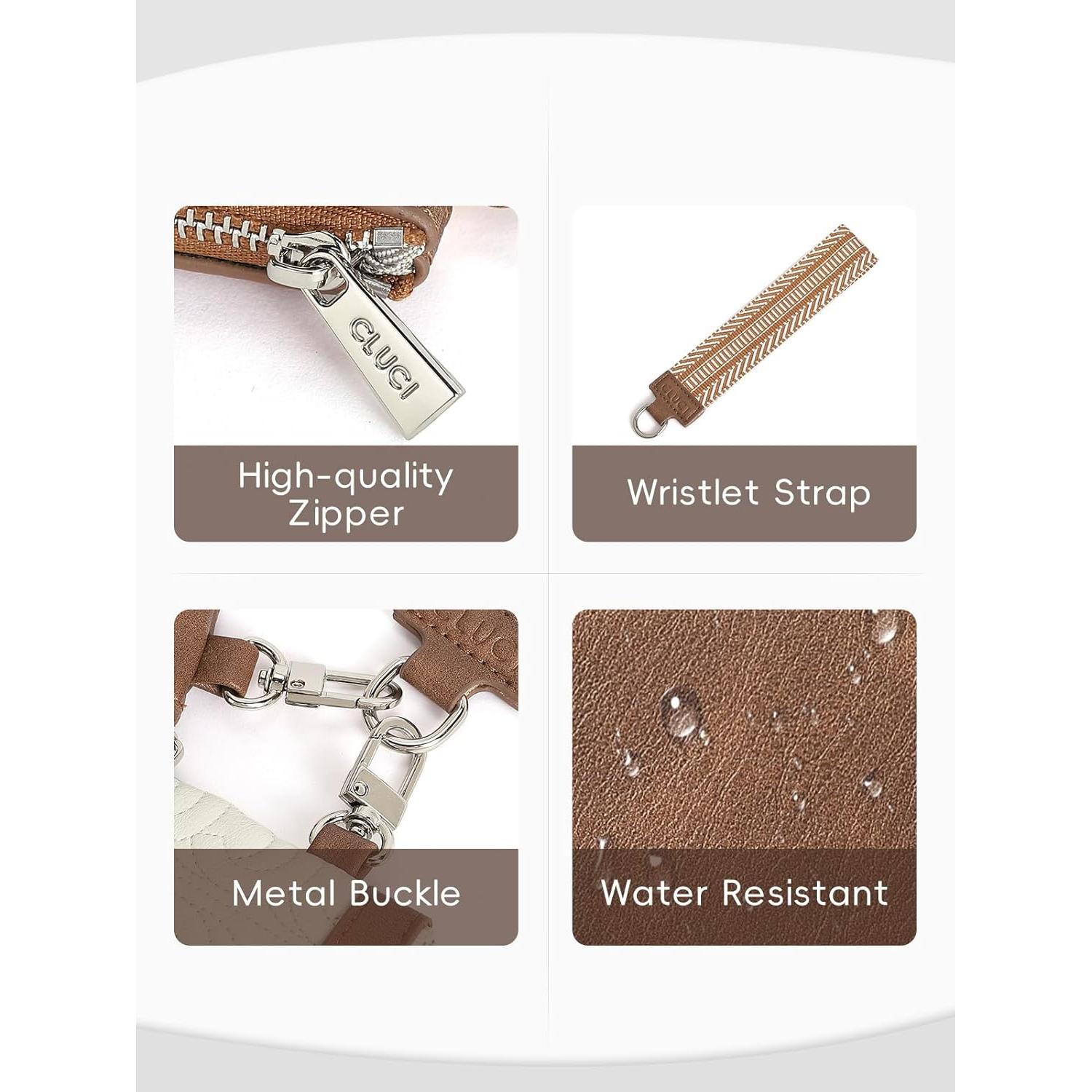 CLUCI Keychain Wallet for Women PU Leather Wristlet Wallet Coin Purse Detachable Dual Pouch Zipper Pocket Beige With Brown
