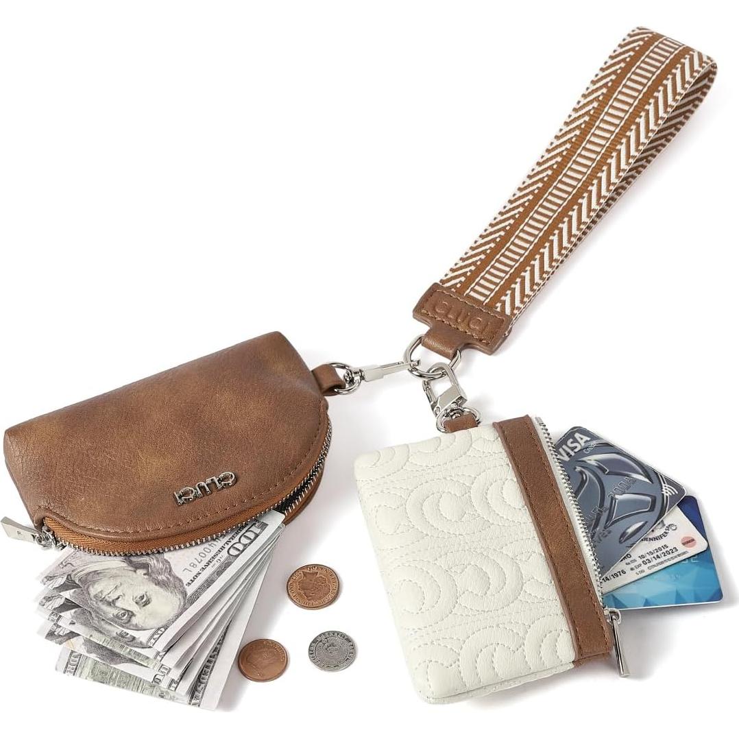 CLUCI Keychain Wallet for Women PU Leather Wristlet Wallet Coin Purse Detachable Dual Pouch Zipper Pocket Beige With Brown