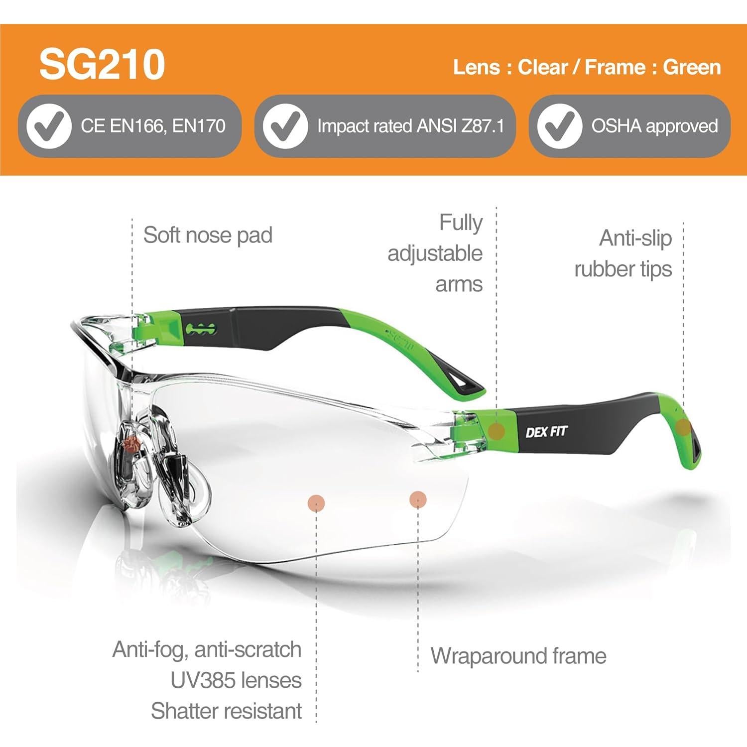 Gafas de Seguridad DEX FIT SG210 - 6 Pares, Antiempañante UV385