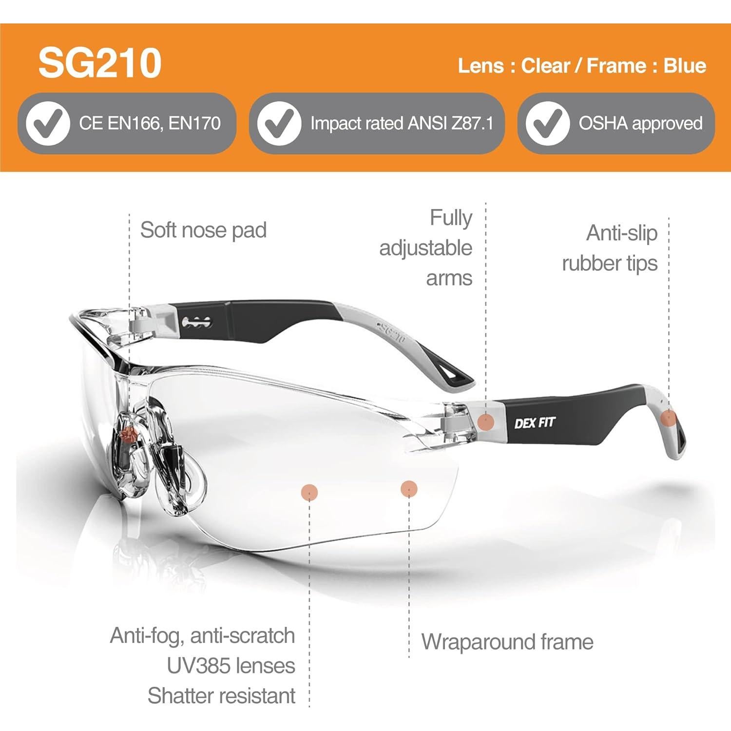 Gafas de Seguridad DEX FIT SG210 Antivaho UV385 6 Pares