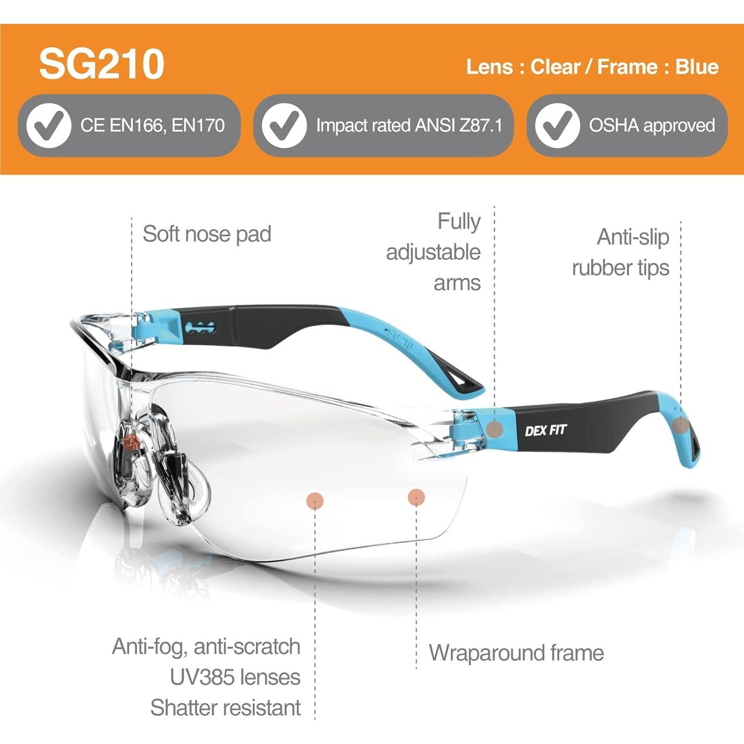 Gafas de Seguridad DEX FIT SG210 Antivaho UV385 Ajustables
