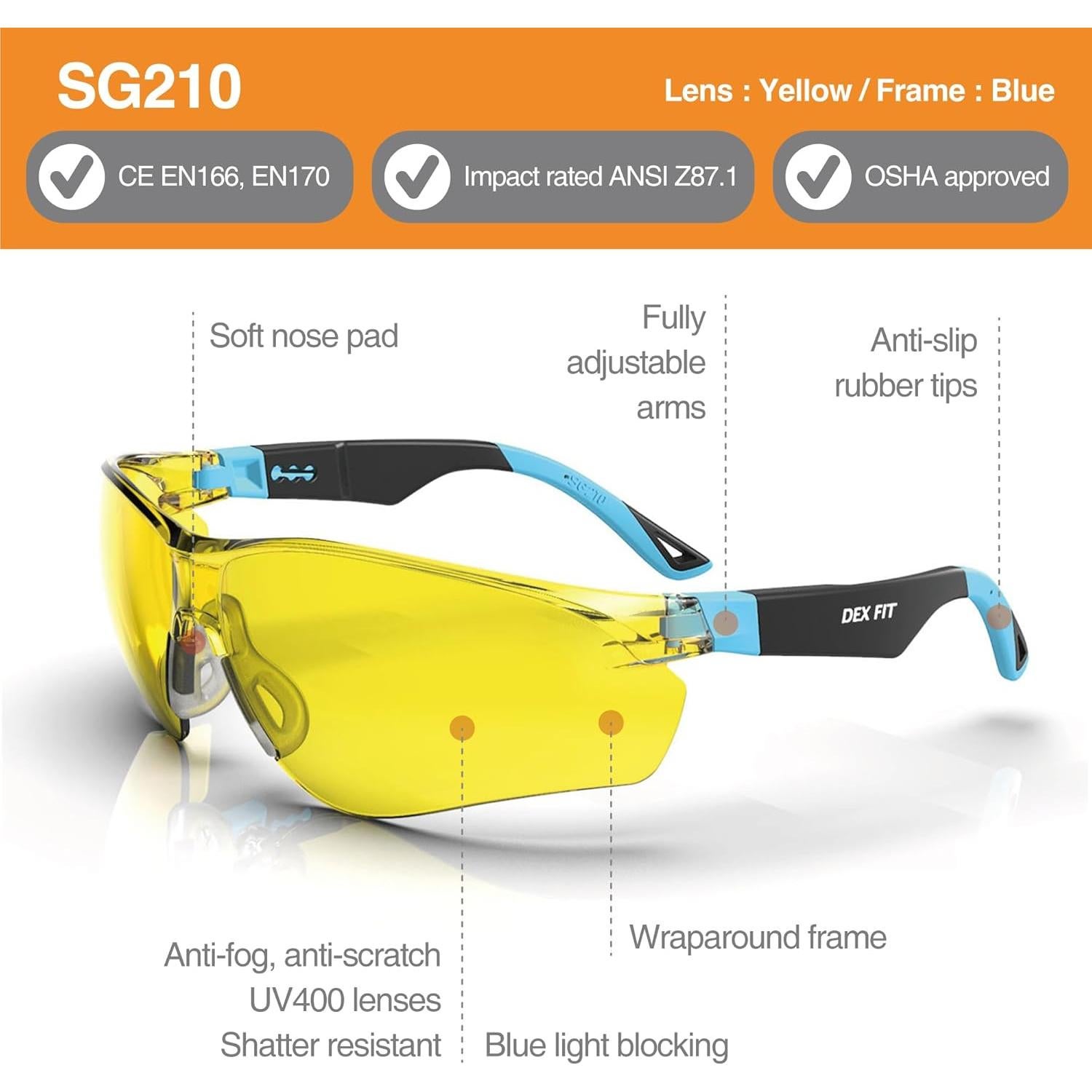 Gafas de Seguridad DEX FIT SG210, Antivaho y UV400, Ajustables