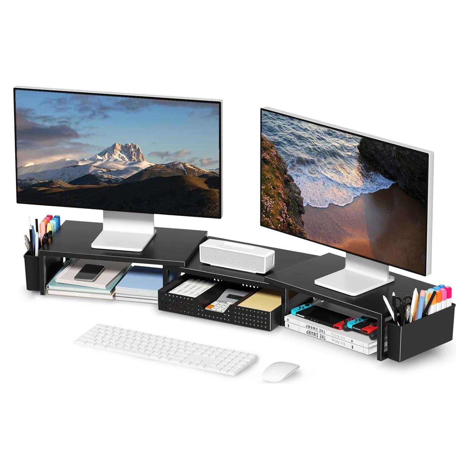 Soporte Elevador para Doble Monitor OPNICE con Cajón Negro