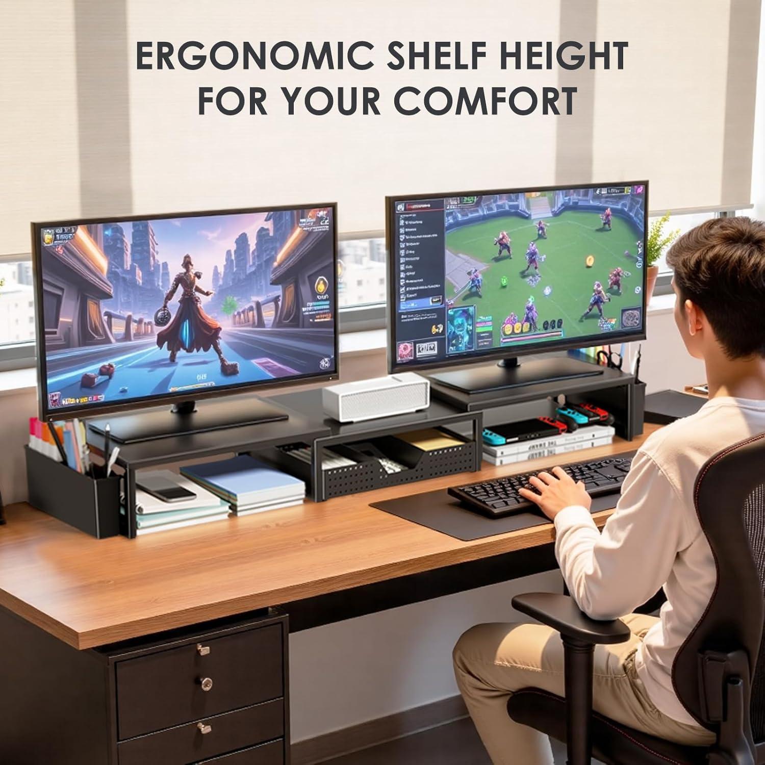 Soporte Elevador para Doble Monitor OPNICE con Cajón Negro