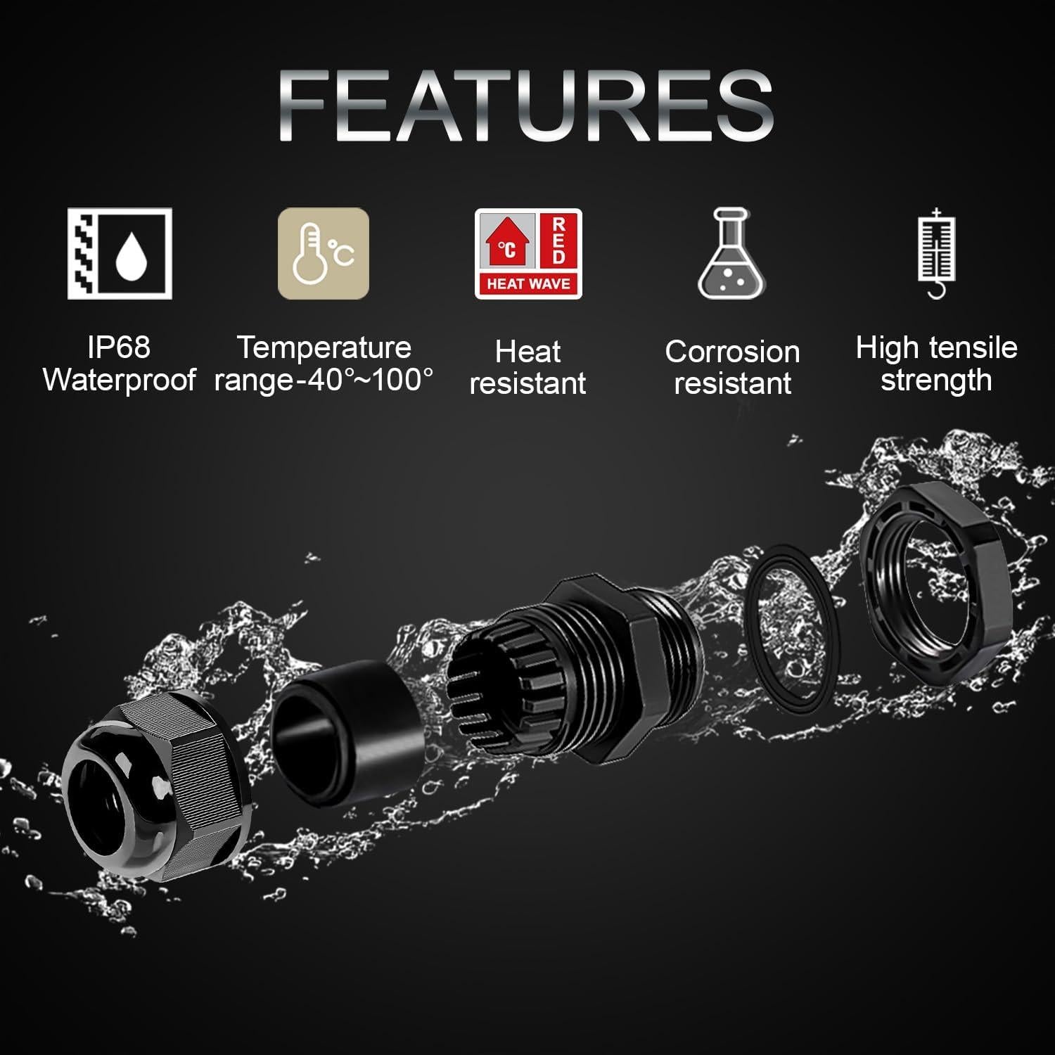 Pasacables Impermeables LeMotech PG13.5 5 Piezas Ajustables