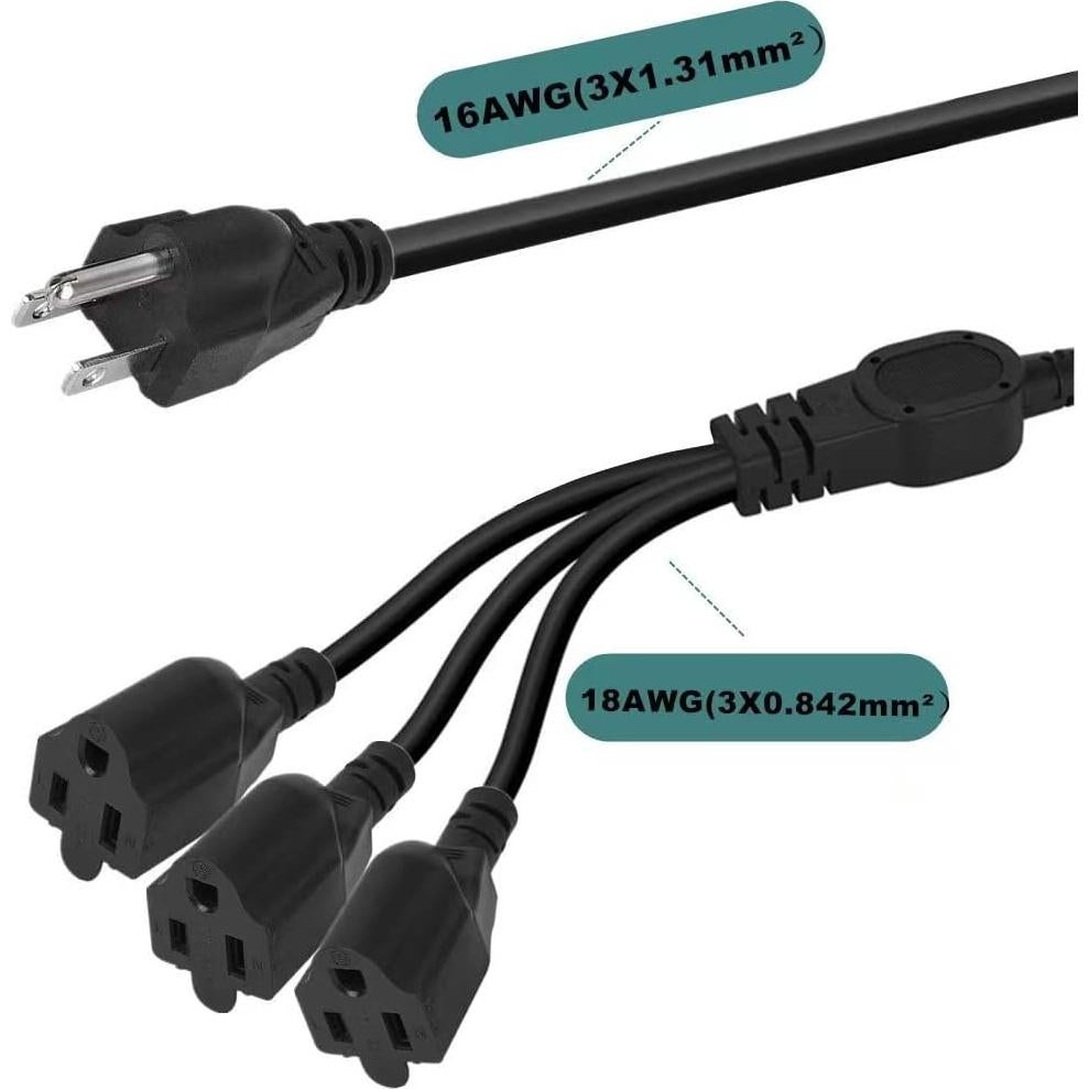 Divisor de Cable de Extensión 3 Salidas SJT 16AWG 1M Negro
