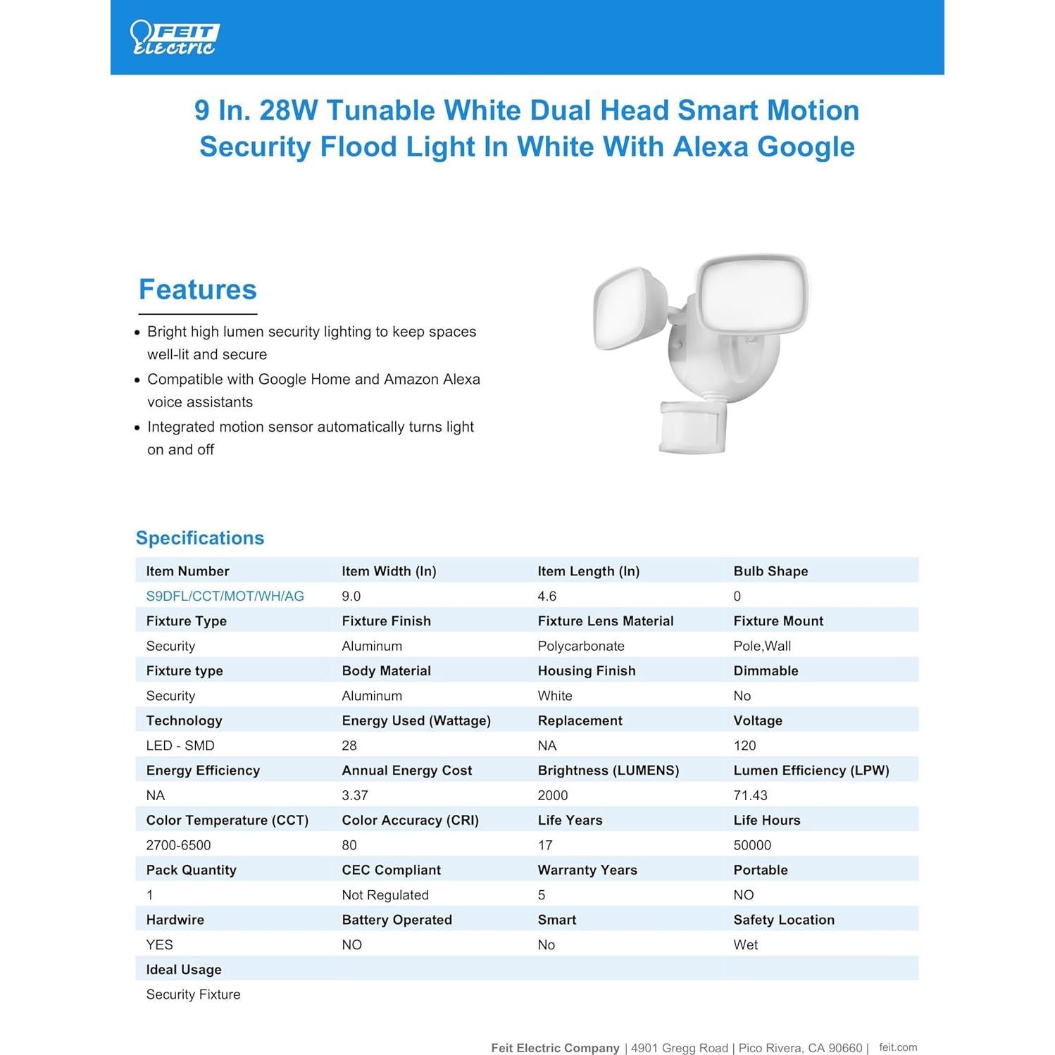 Luz de Inundación Inteligente Feit Electric 28W LED con Sensor