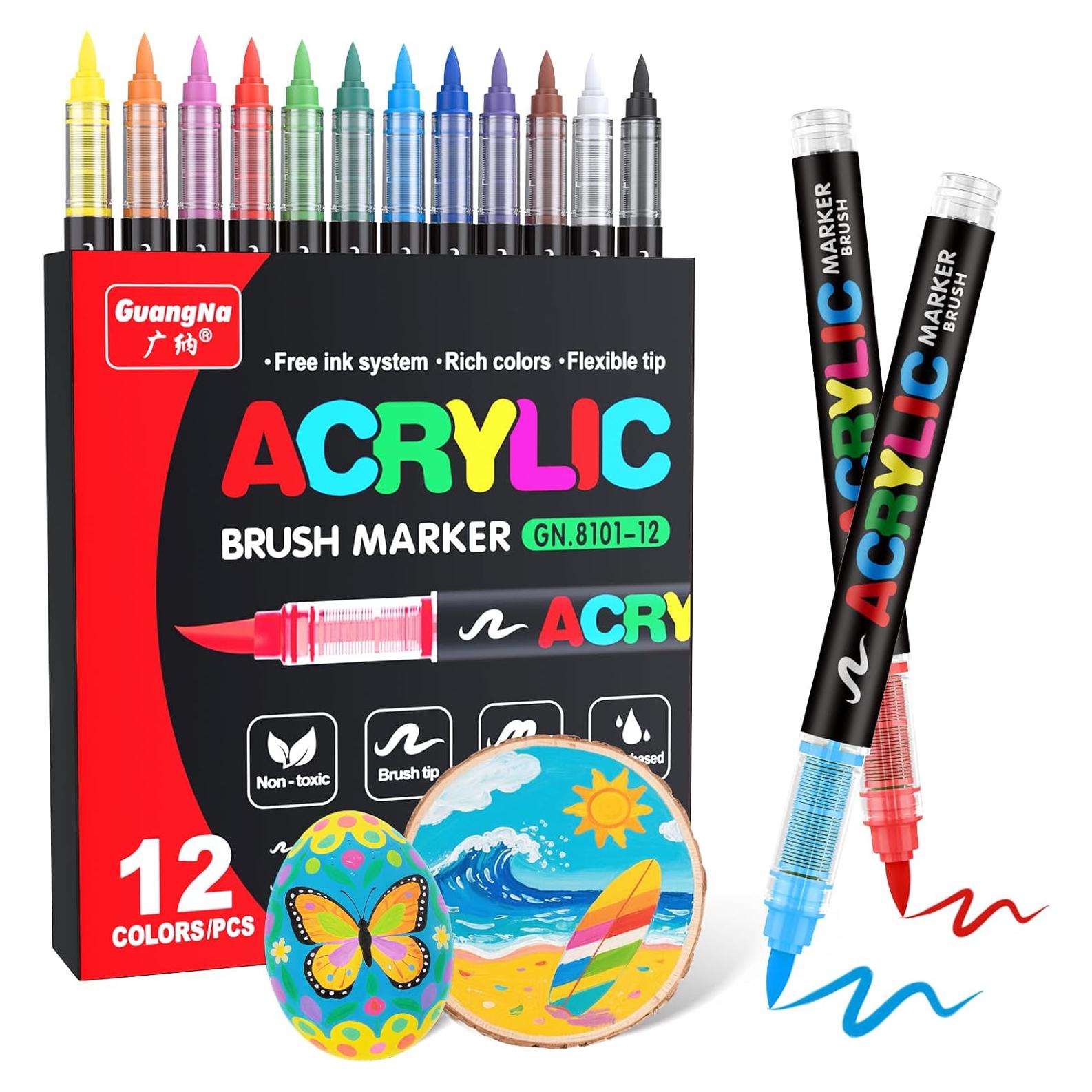 Marcadores de Pintura Acrílica Guangna, 12 Colores Vivos, Punta Pincel