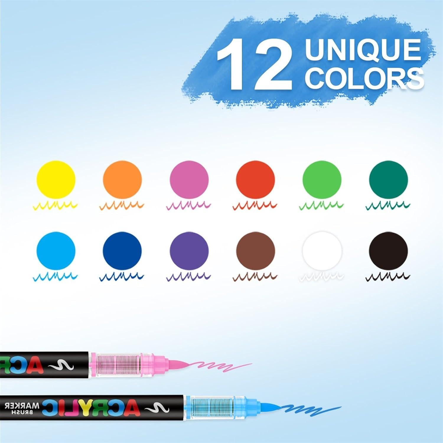 Marcadores de Pintura Acrílica Guangna, 12 Colores Vivos, Punta Pincel