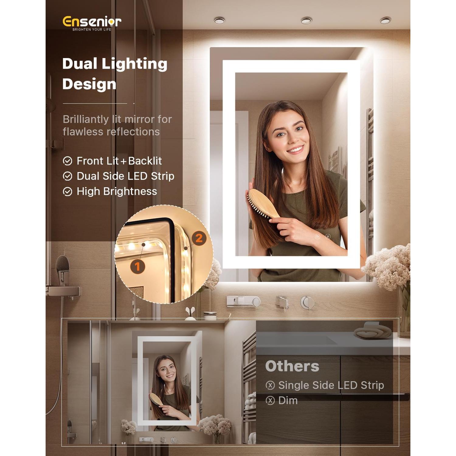 Espejo de Baño LED Ensenior 81x61cm con Luz Frontal y Trasera