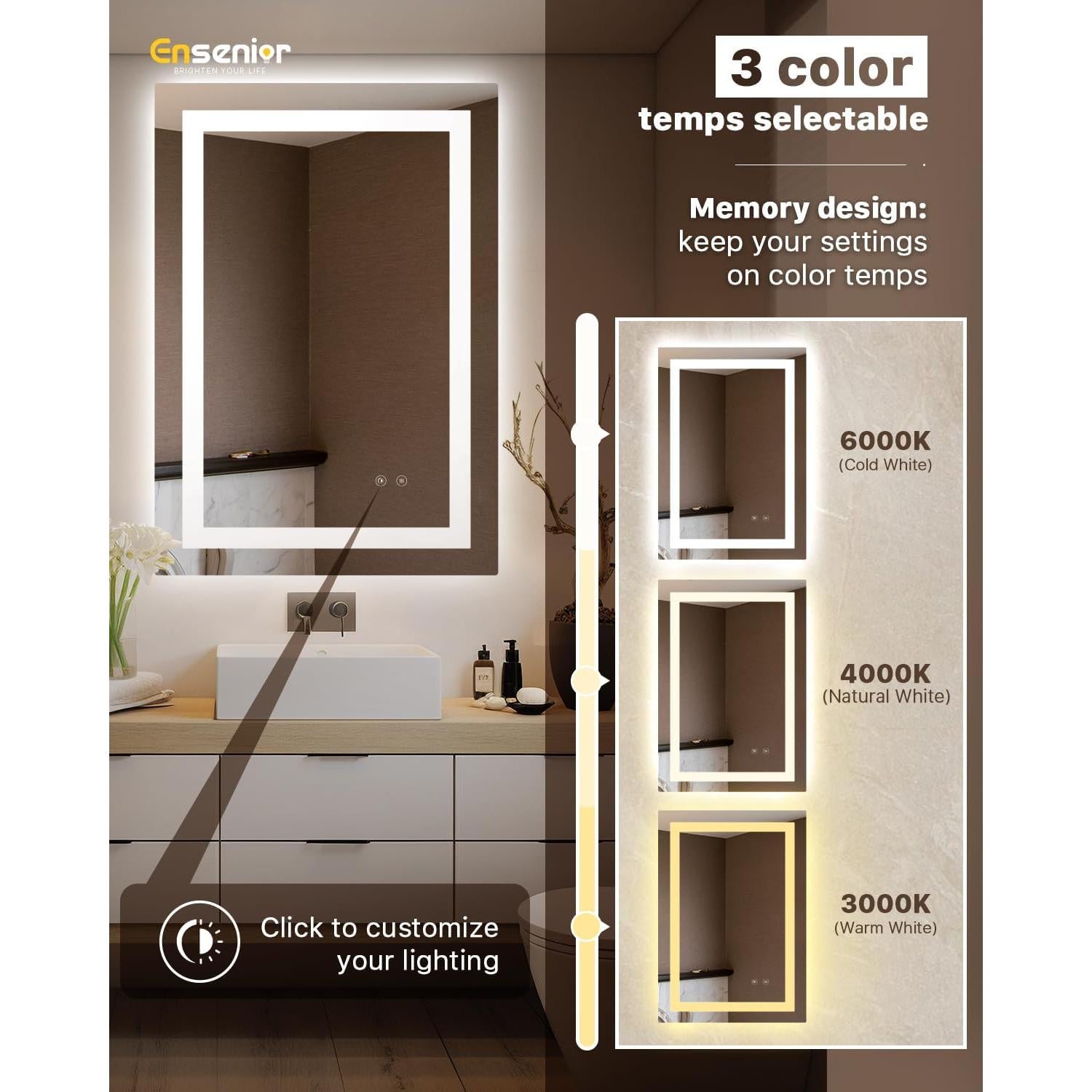 Espejo de Baño LED Ensenior 81x61cm con Luz Frontal y Trasera