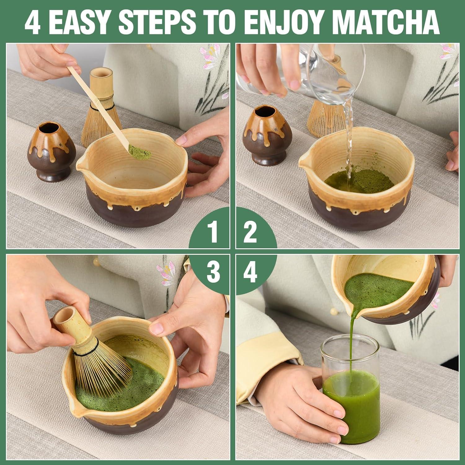 Juego de Matcha Hecho a Mano Roperu - Cerámica y Bambú 4 Piezas