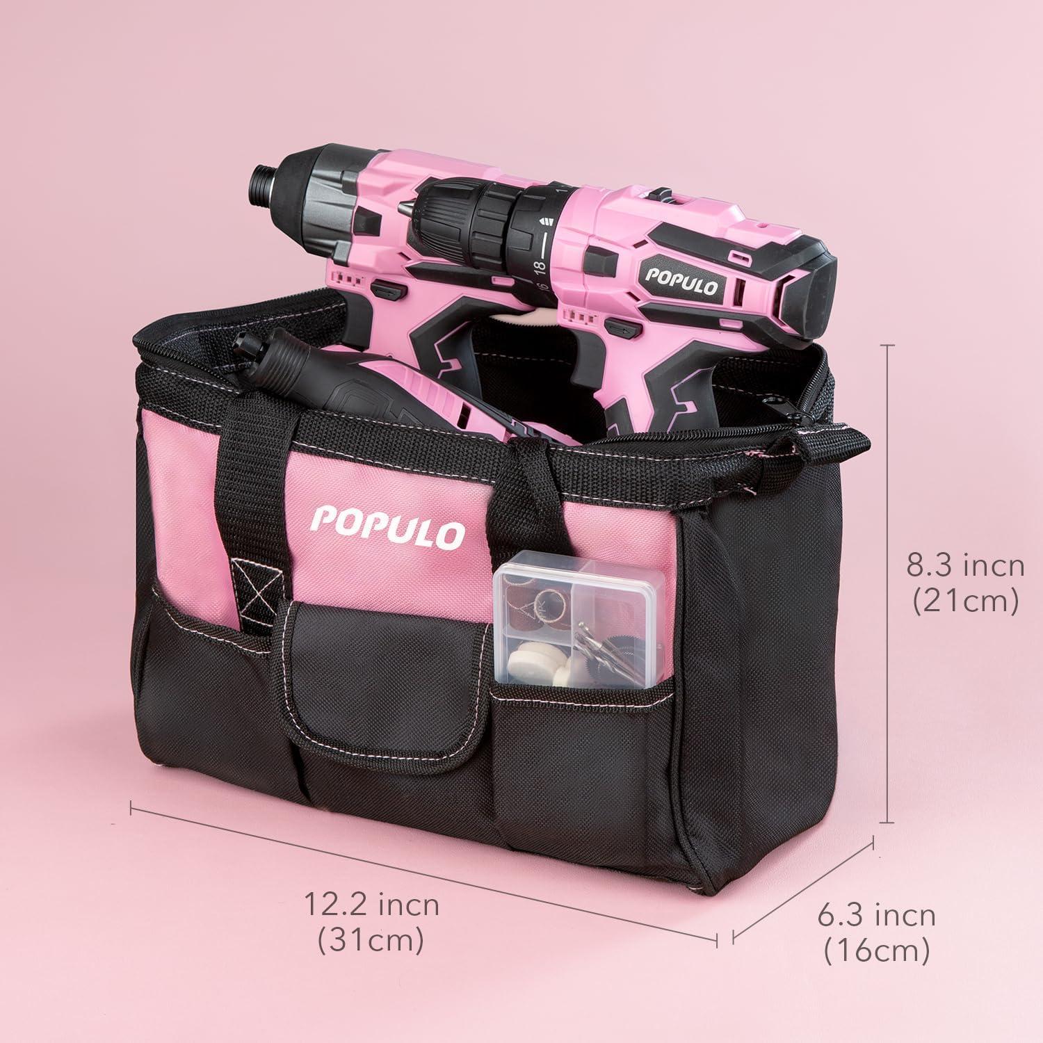 Combo de Herramientas Eléctricas Rosa POPULO - Taladro 12V, Destornillador y Kit