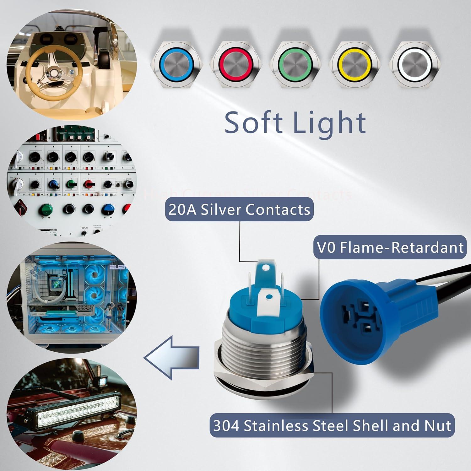Interruptor pulsador de acero inoxidable 16mm LED 12-24V 20A