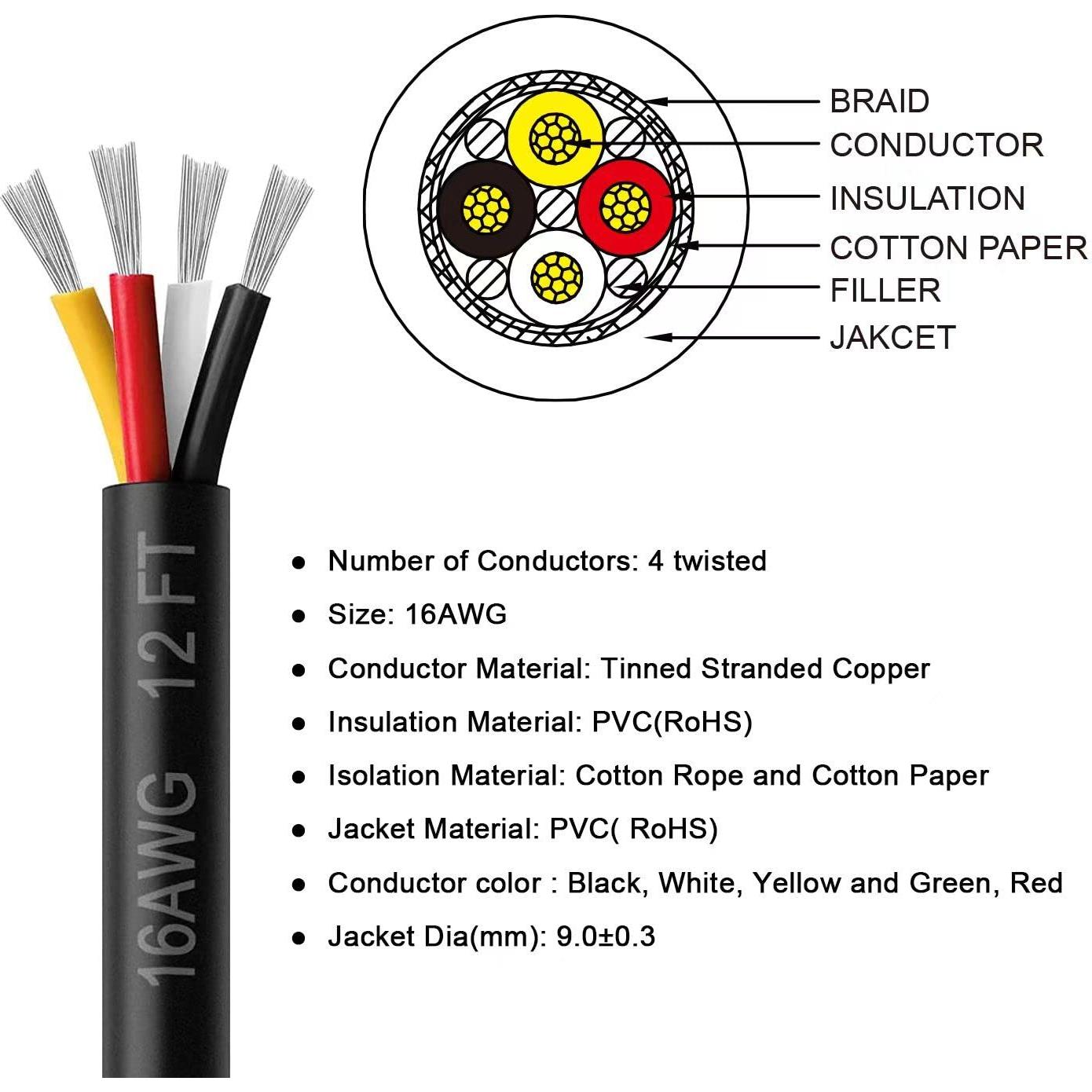 Cable Eléctrico Blindado 16AWG 4 Núcleos 3.66m Huajiang