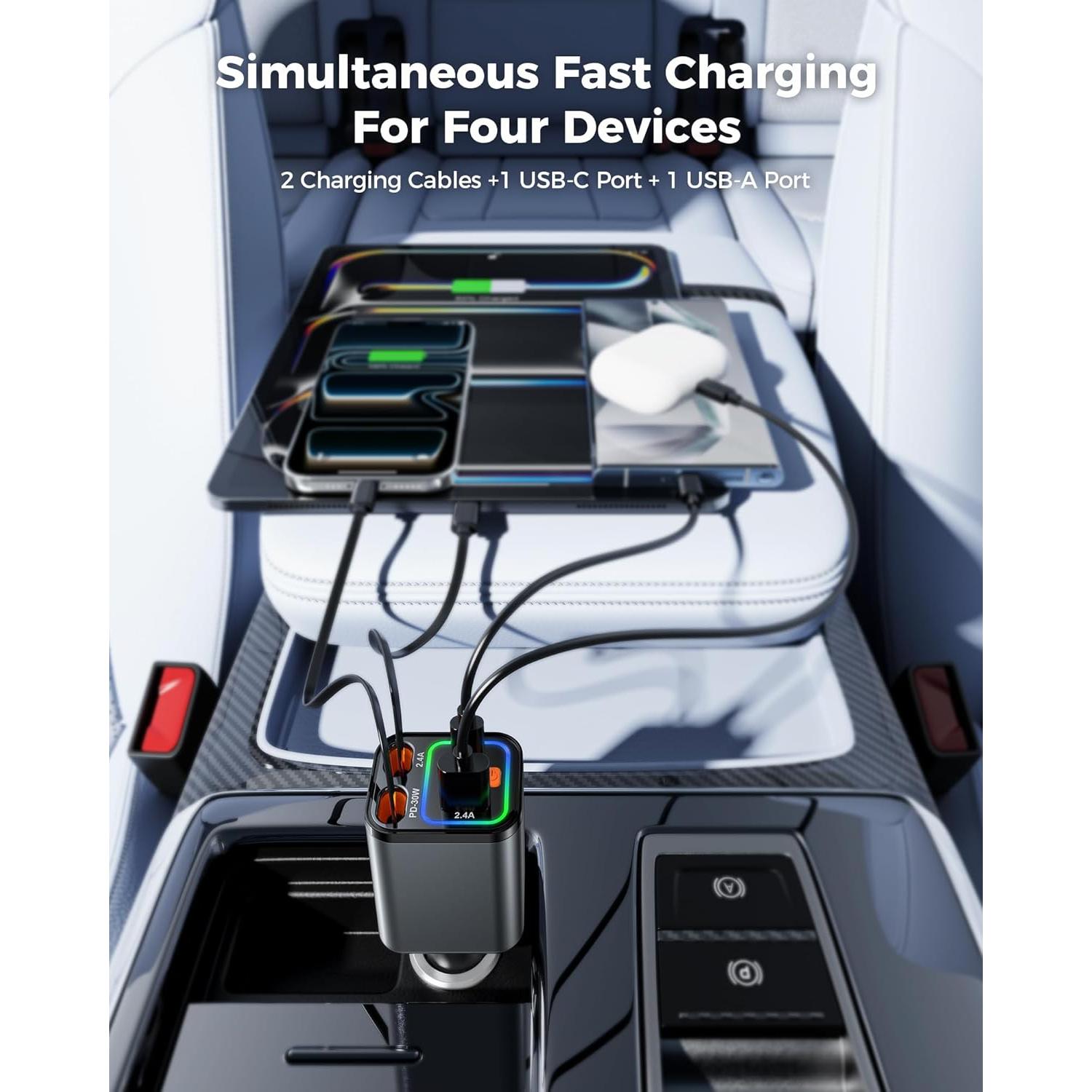 Cargador de Coche 84W CSODINCE 4 en 1 con Cables Retráctiles