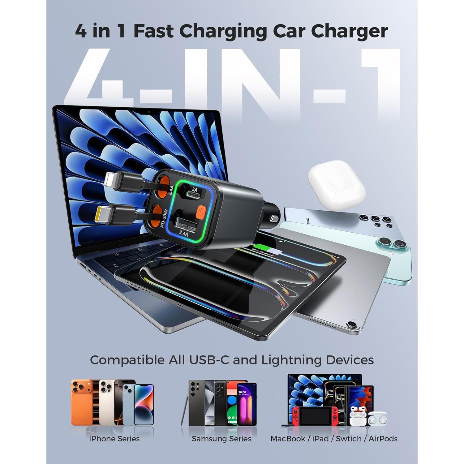 Cargador de Coche 84W CSODINCE 4 en 1 con Cables Retráctiles