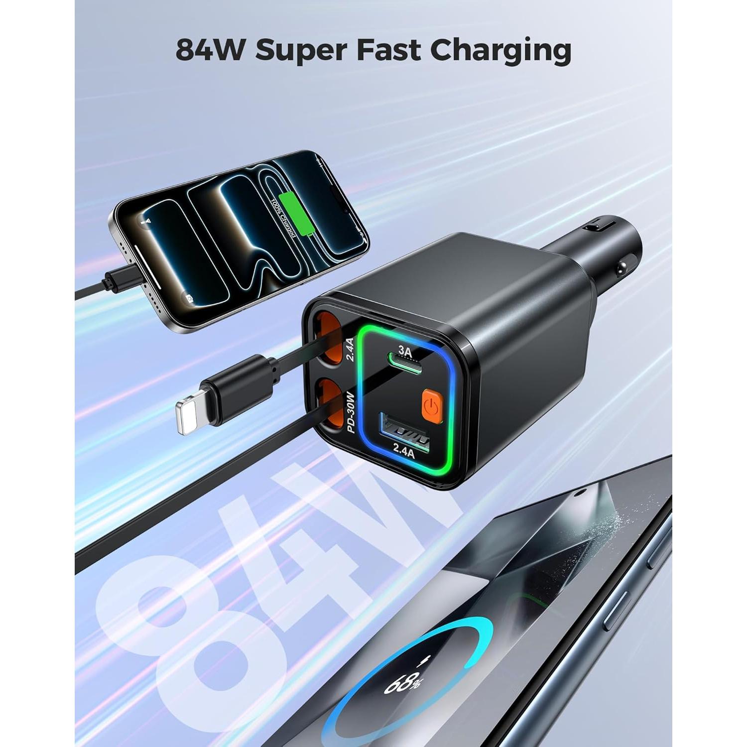 Cargador de Coche 84W CSODINCE 4 en 1 con Cables Retráctiles