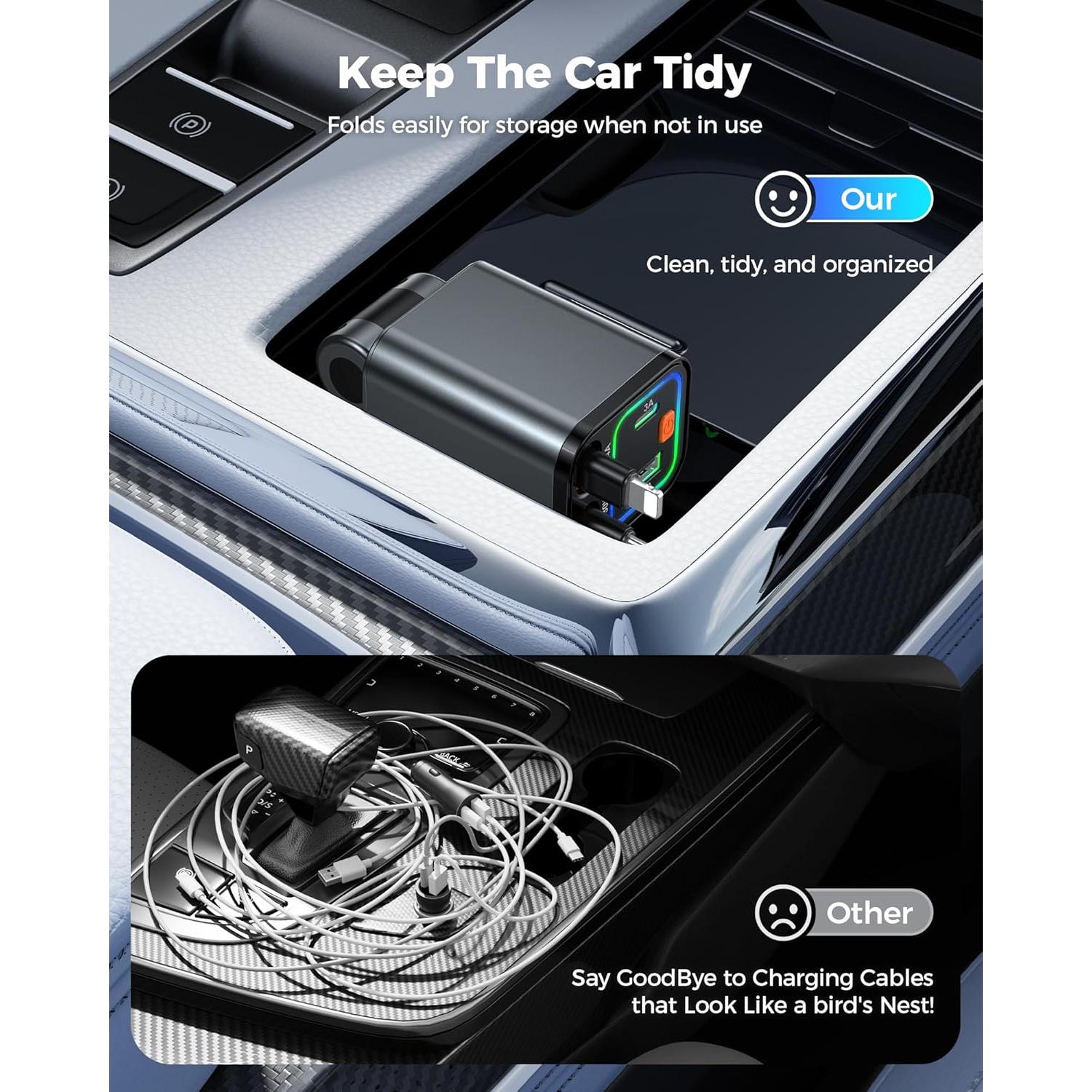 Cargador de Coche 84W CSODINCE 4 en 1 con Cables Retráctiles