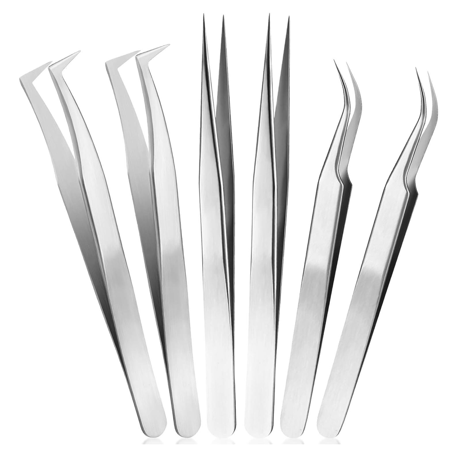 6 Pinzas para Extensiones de Pestañas Mudder - Acero Inoxidable