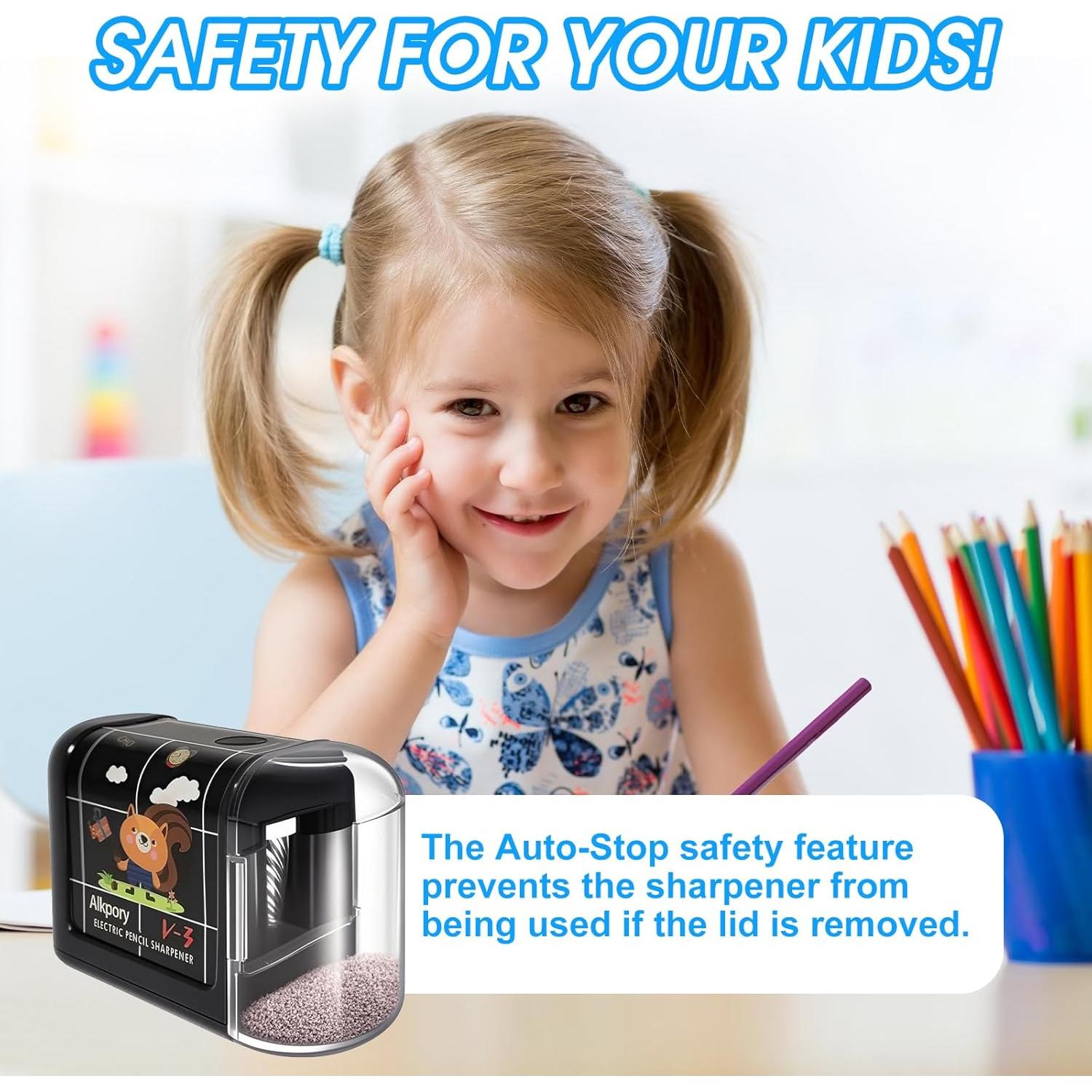 Sacapuntas Eléctrico Alkpory Negro para Niños - Afilado Rápido y Seguro