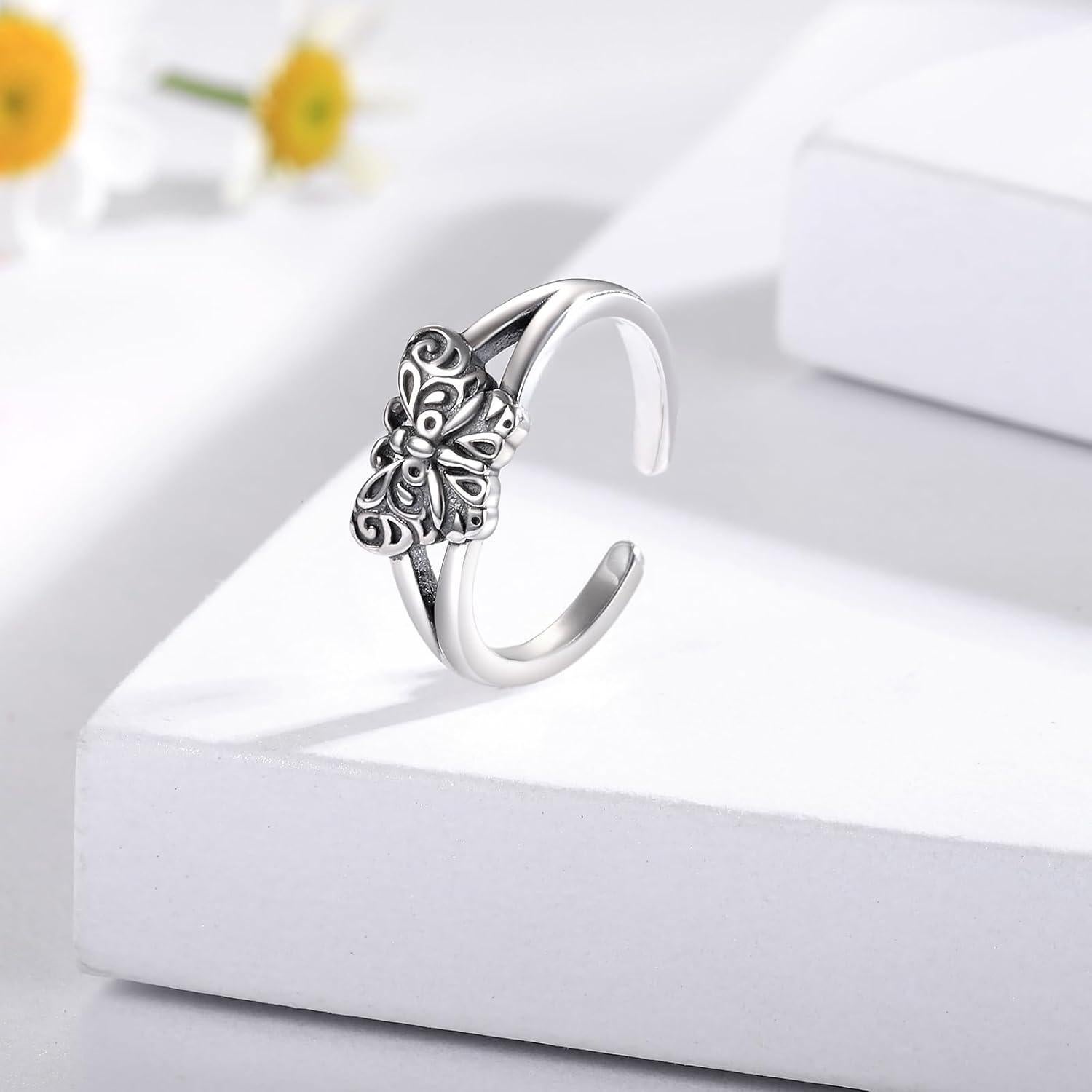 Anillo de Dedo Ajustable de Plata Esterlina 925 Mariposa