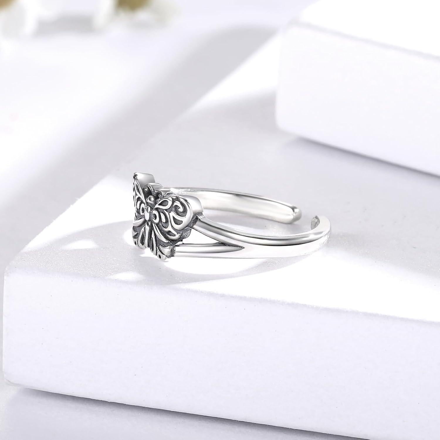 Anillo de Dedo Ajustable de Plata Esterlina 925 Mariposa