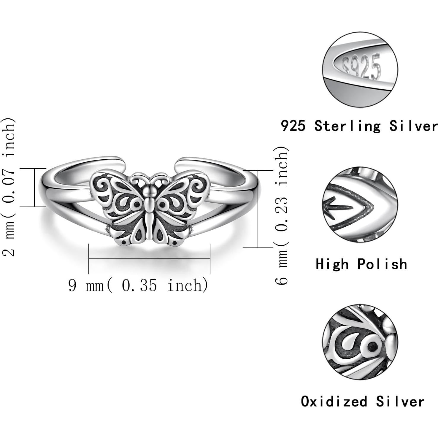 Anillo de Dedo Ajustable de Plata Esterlina 925 Mariposa