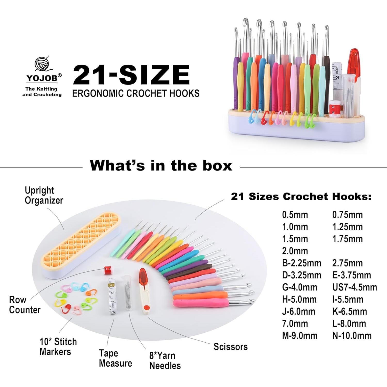 Juego de Ganchillos Ergonómicos Yojob 21 Tamaños 0.5mm-10mm