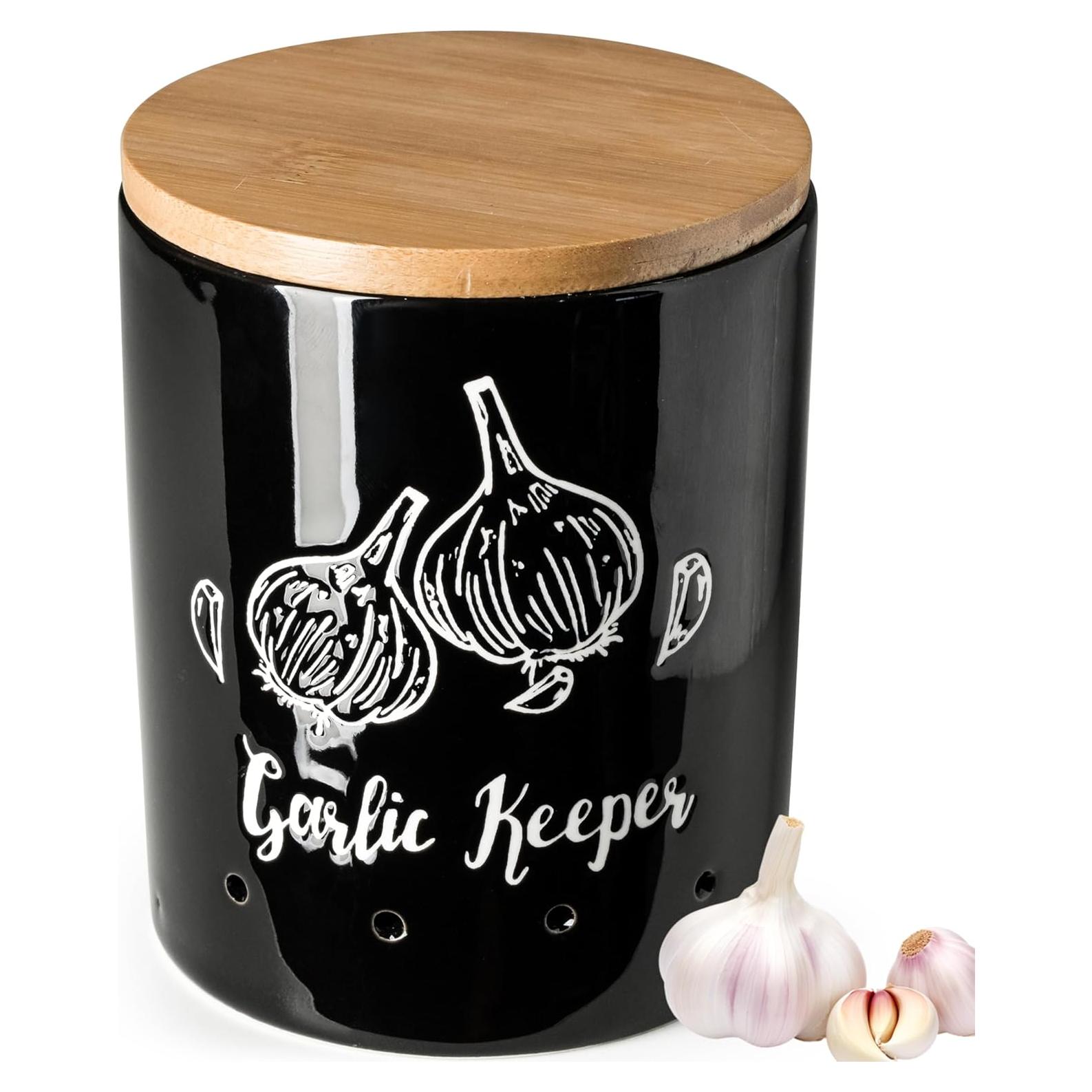 Conservador de Ajo Cerámica LYEOBOH Negro con Tapa de Madera