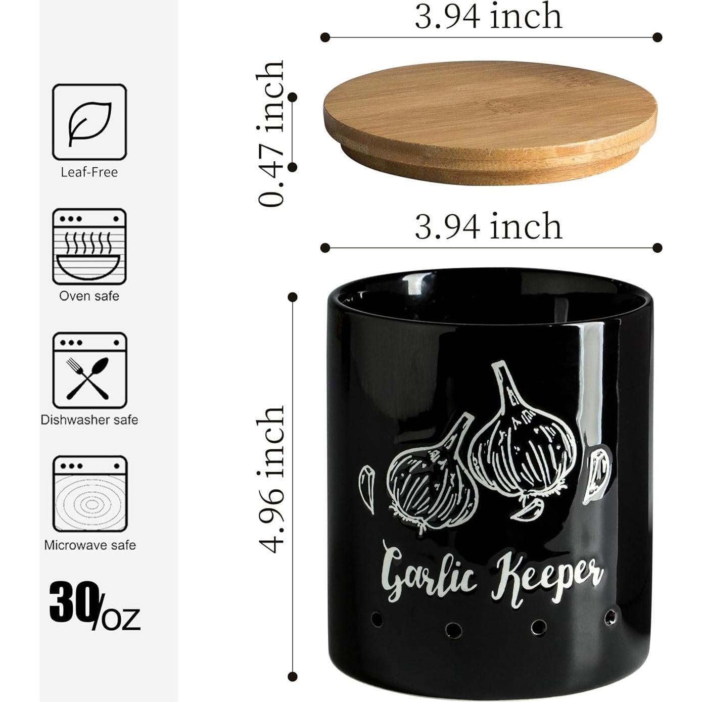 Conservador de Ajo Cerámica LYEOBOH Negro con Tapa de Madera