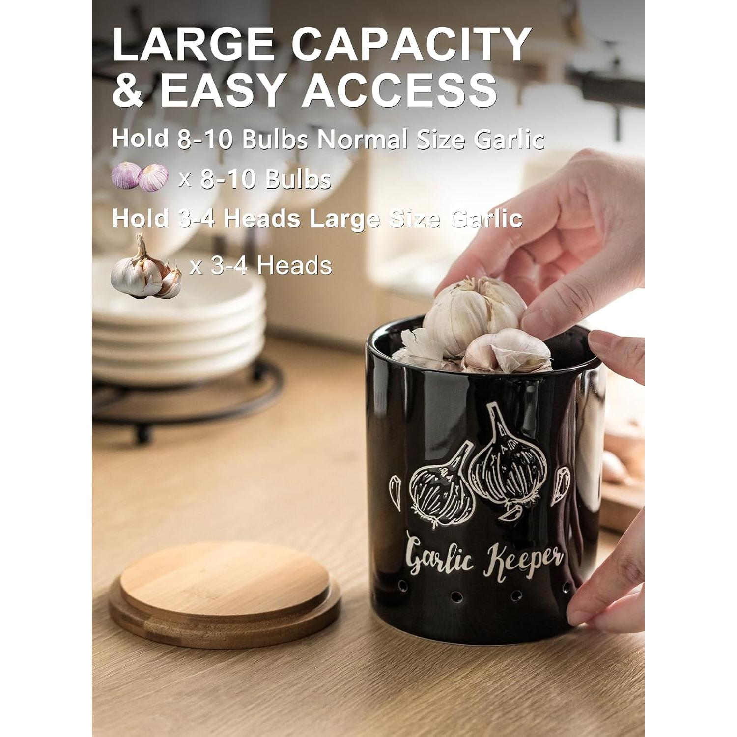Conservador de Ajo Cerámica LYEOBOH Negro con Tapa de Madera