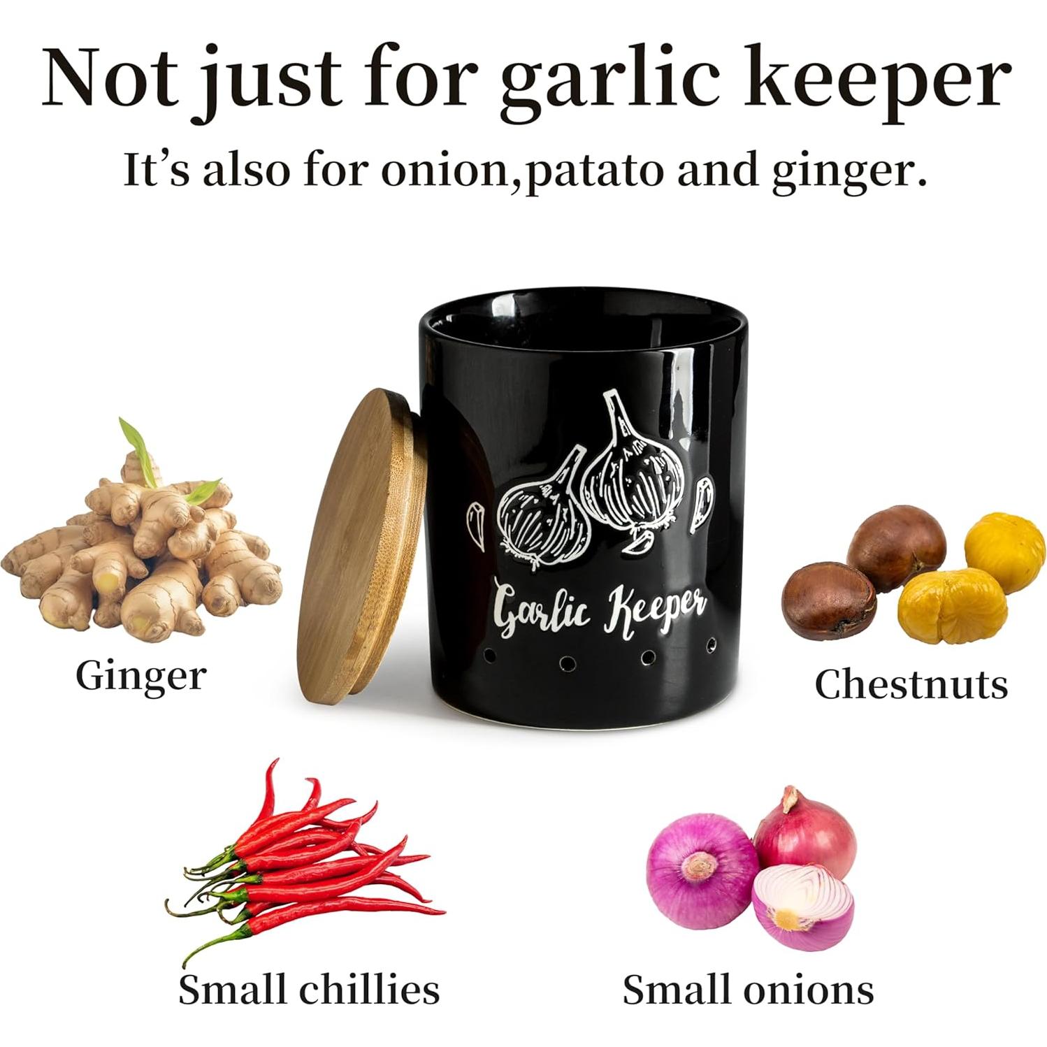Conservador de Ajo Cerámica LYEOBOH Negro con Tapa de Madera