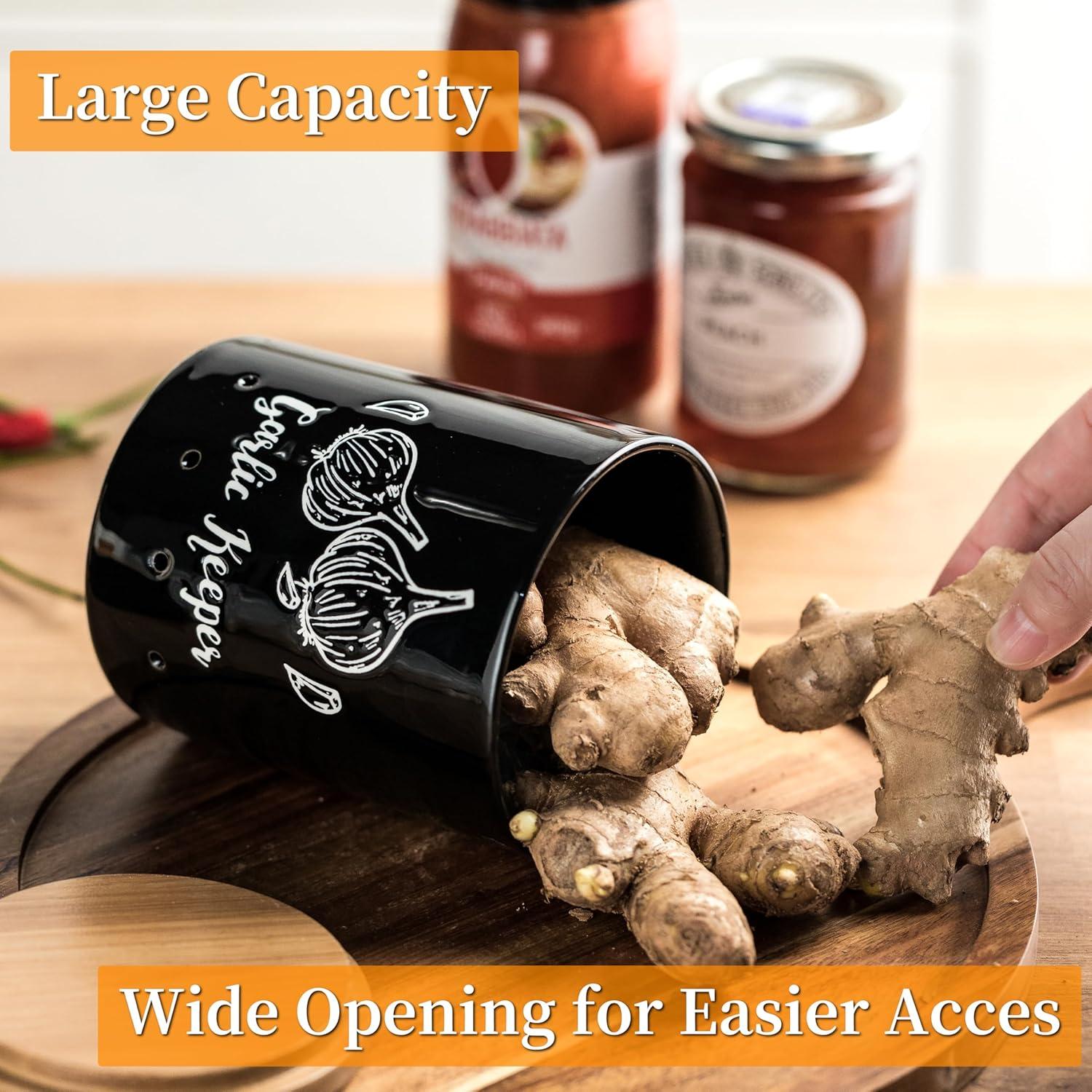 Conservador de Ajo Cerámica LYEOBOH Negro con Tapa de Madera