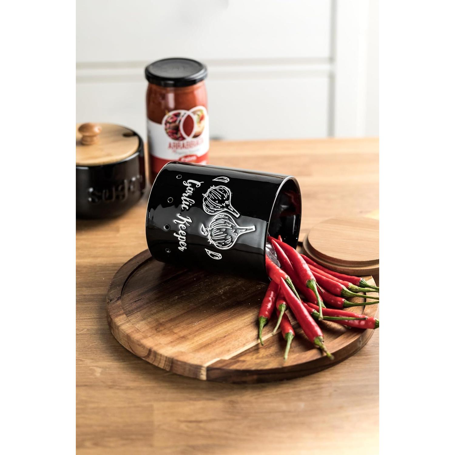 Conservador de Ajo Cerámica LYEOBOH Negro con Tapa de Madera