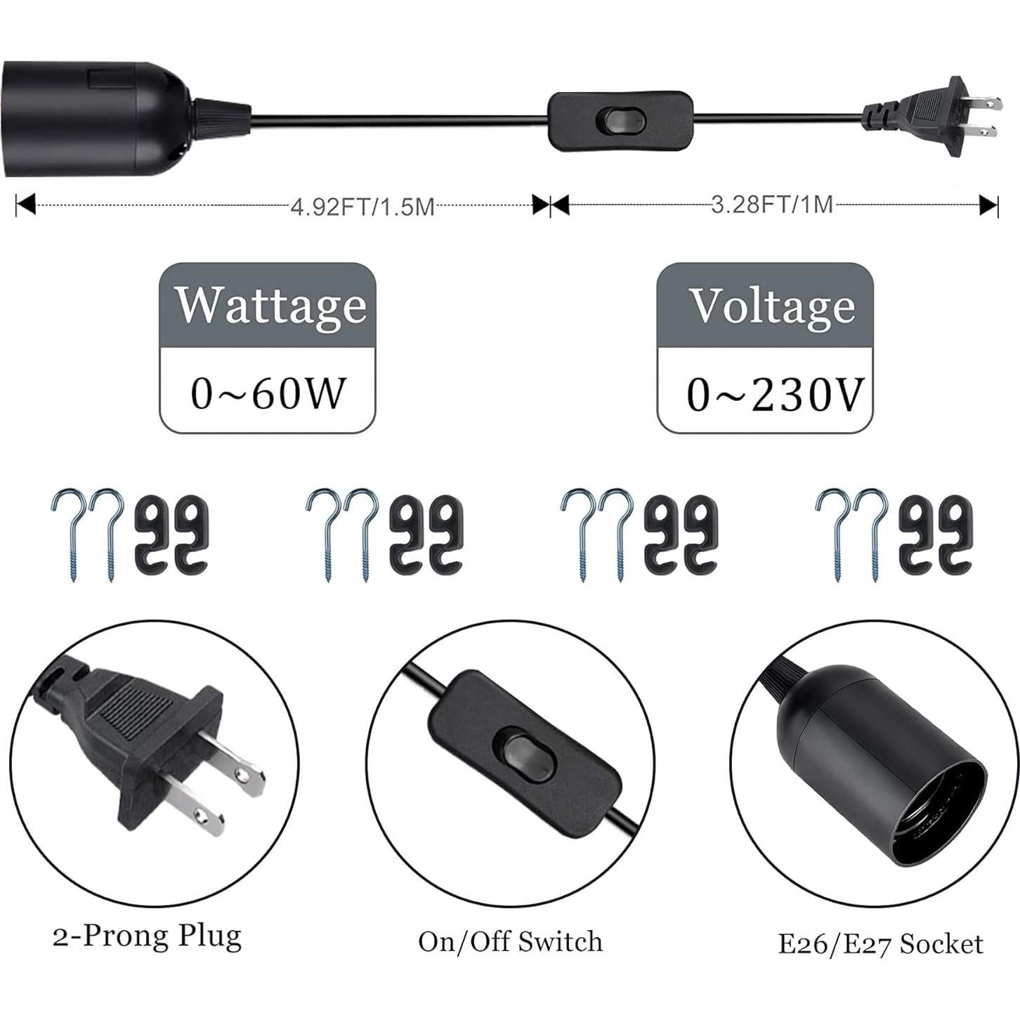 Cable de Luz Colgante DONGGUAN 2.5m E26/E27 Negro - Paquete de 4